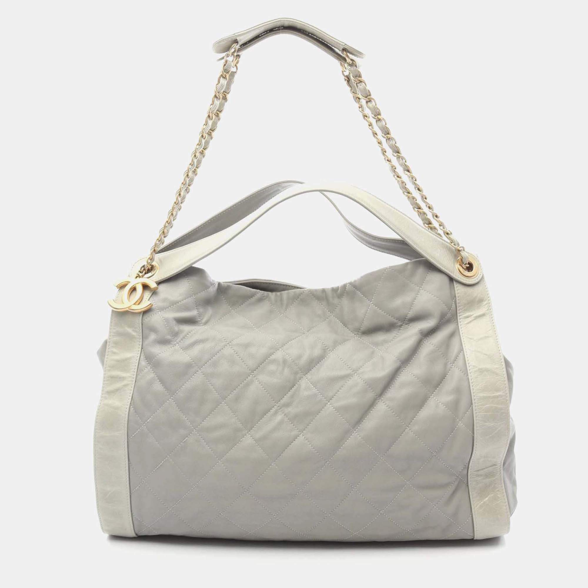Pre Owned Chanel Coco Mark Matelasse Chain Shoulder Bag Leather Gray Ghw Cc