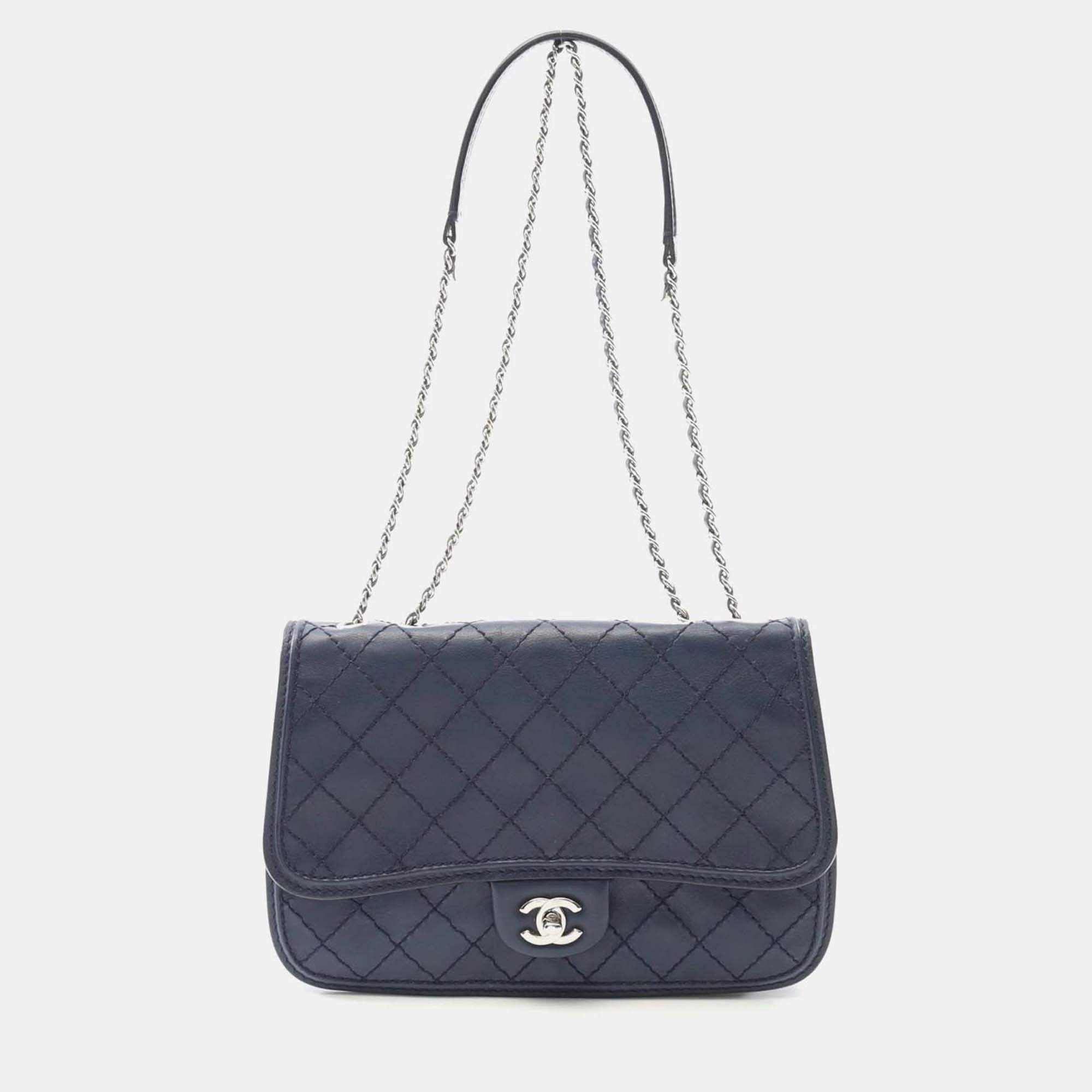 Pre Owned Chanel Wild Stitch Chain Shoulder Bag Leather Navy Shw Cc Coco