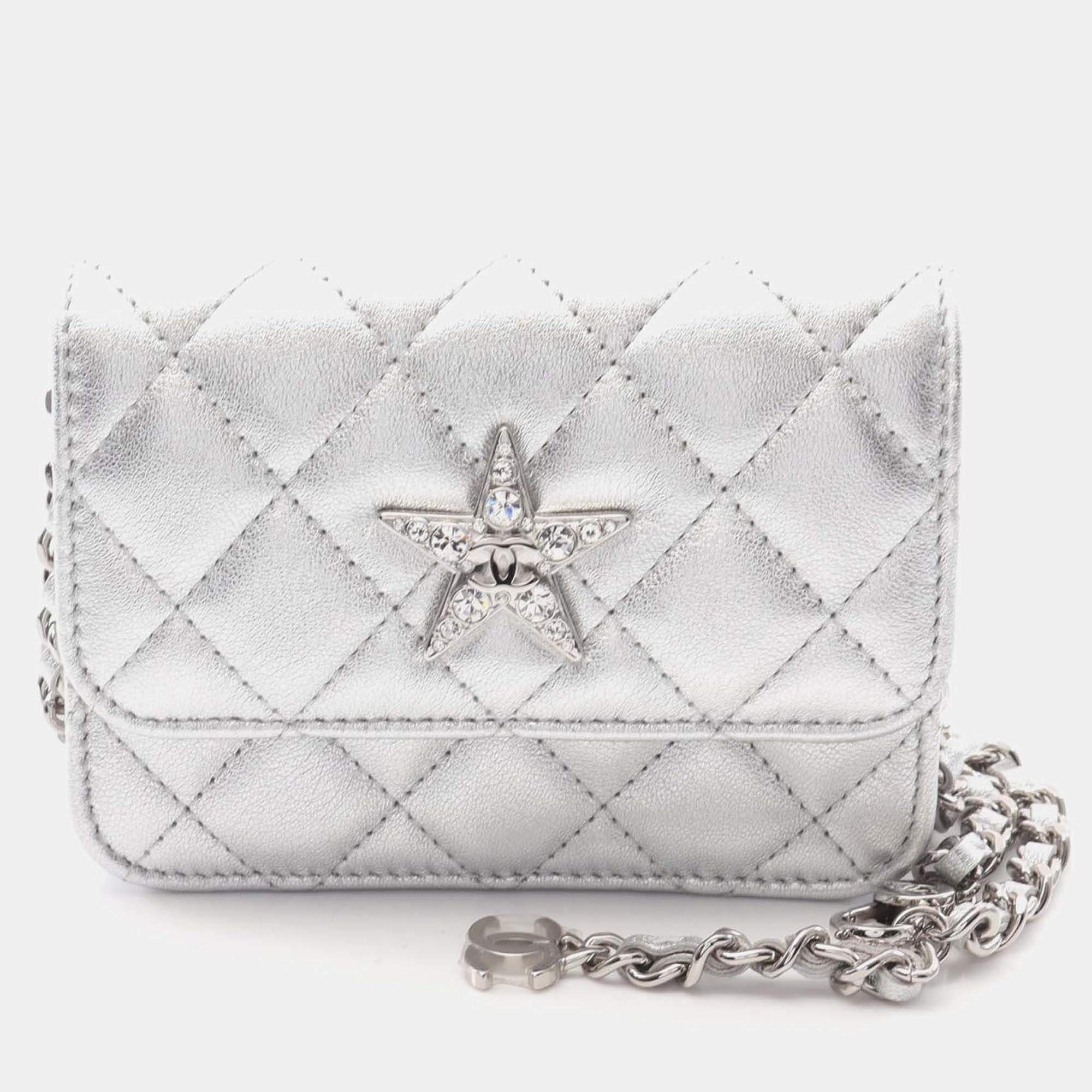 Pre Owned Chanel Crystal Quilted Star Metallic Lambskin Chain Belt Bag