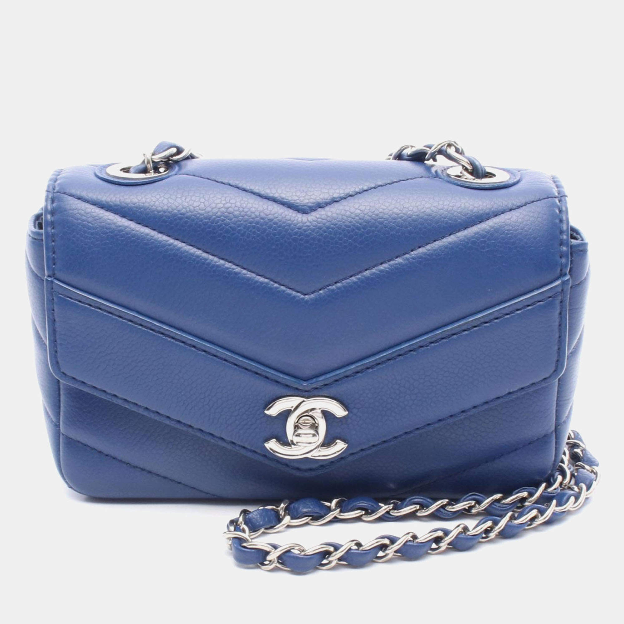 Pre Owned Chanel Chevron Blue Leather Chain Shoulder Bag