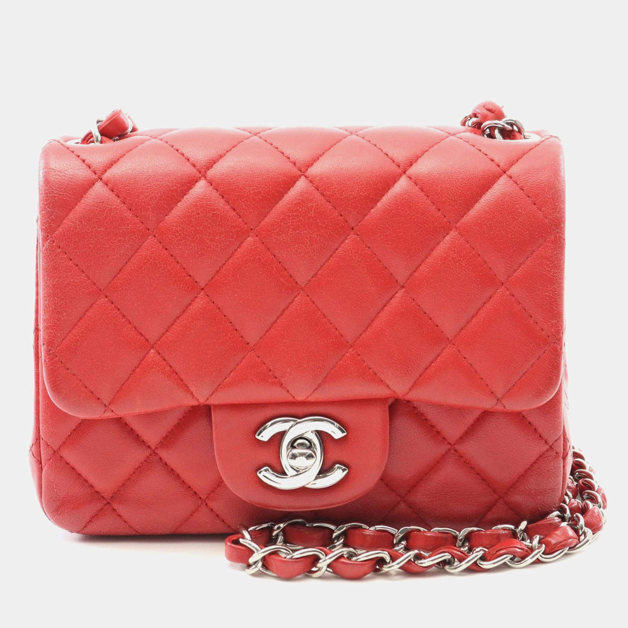 Pre Owned Chanel Mini Red Lambskin Chain Shoulder Bag