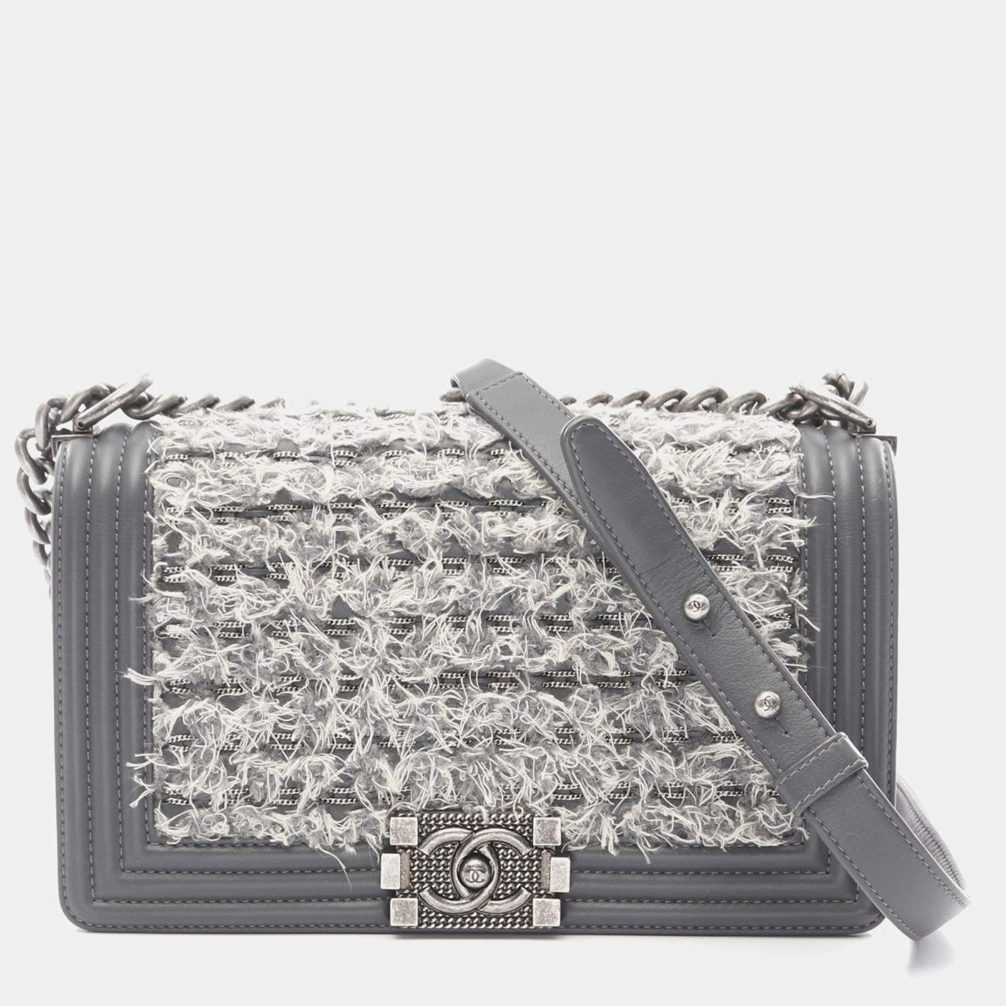 Pre Owned Chanel Boy Gray Fabric Leather Chain Shoulder Bag