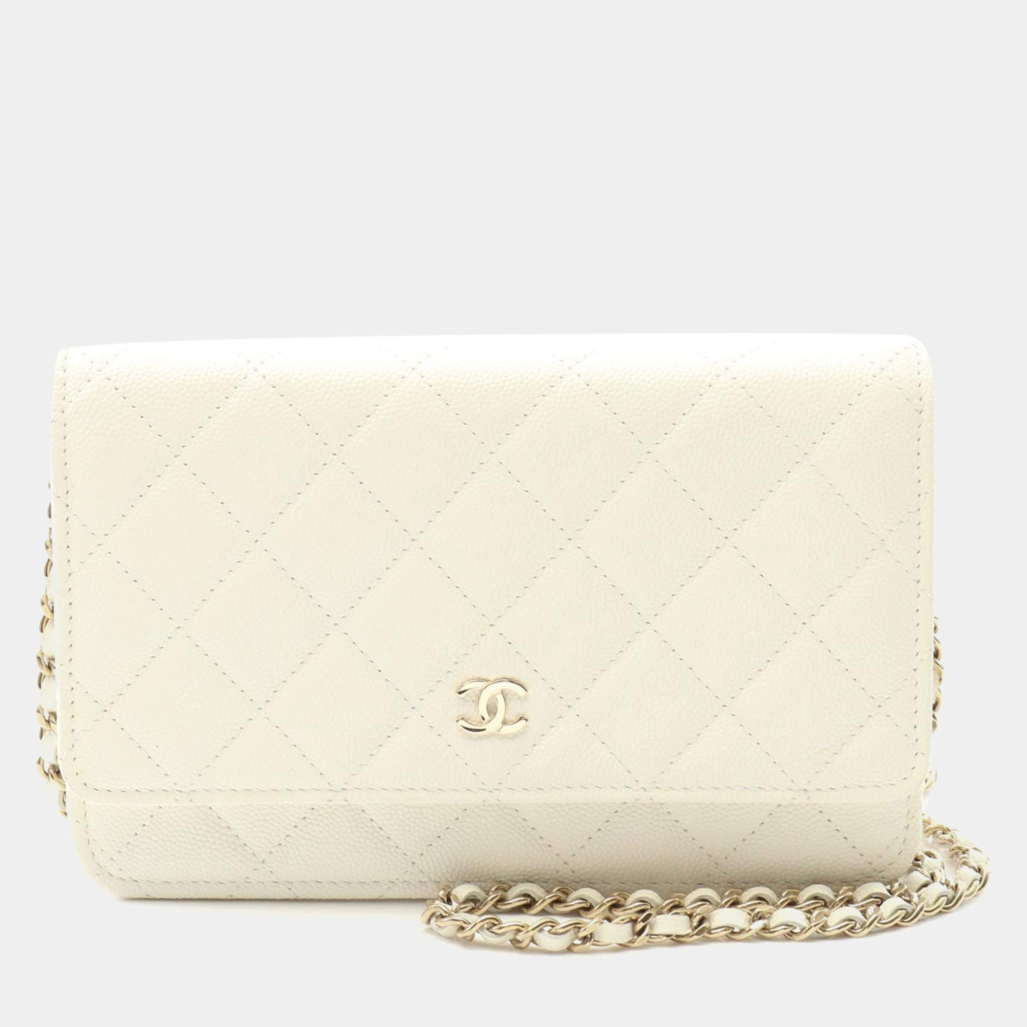 Pre Owned Chanel Classic White Leather Wallet on Chain
