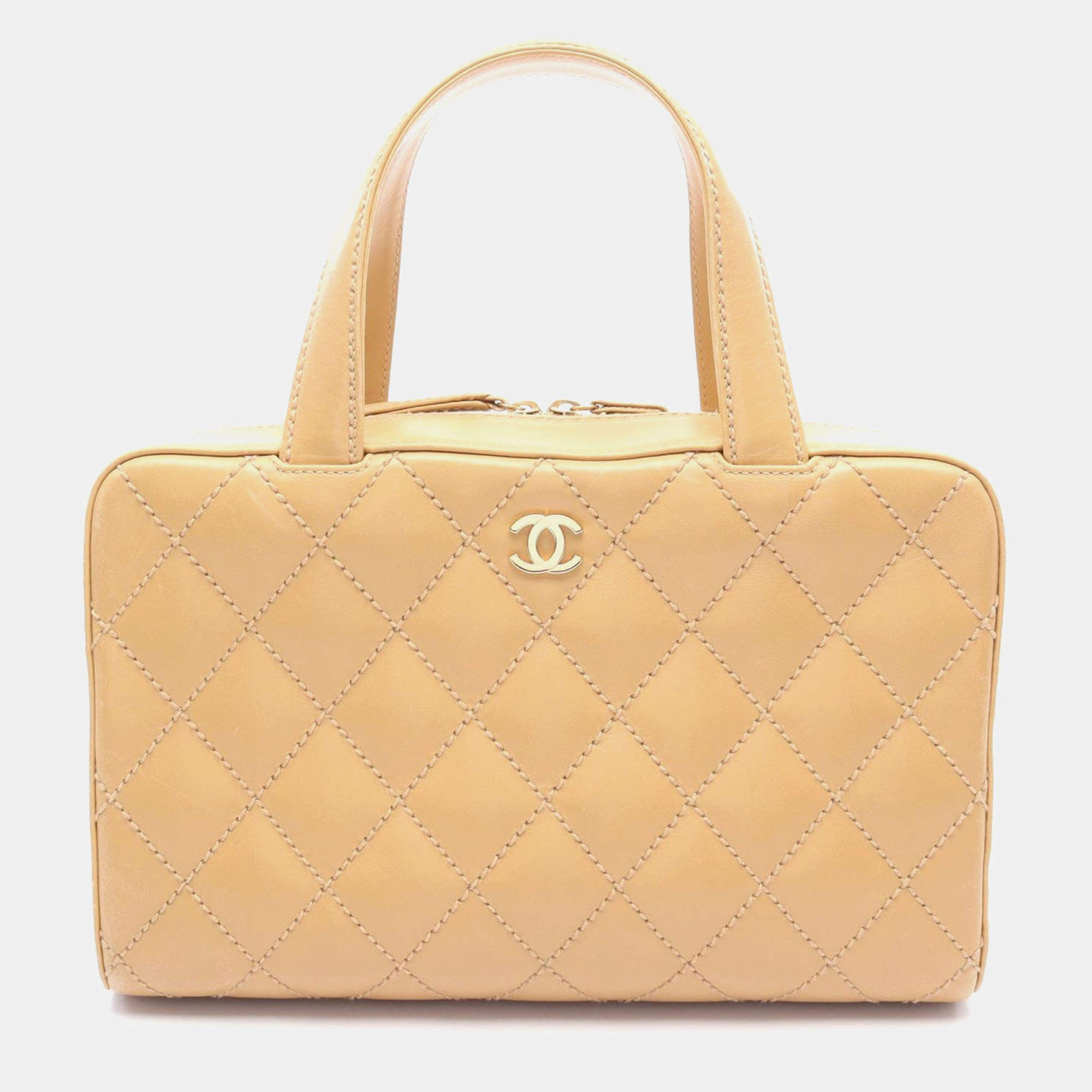 Pre Owned Chanel Wild Stitch Beige Leather Tote Bag
