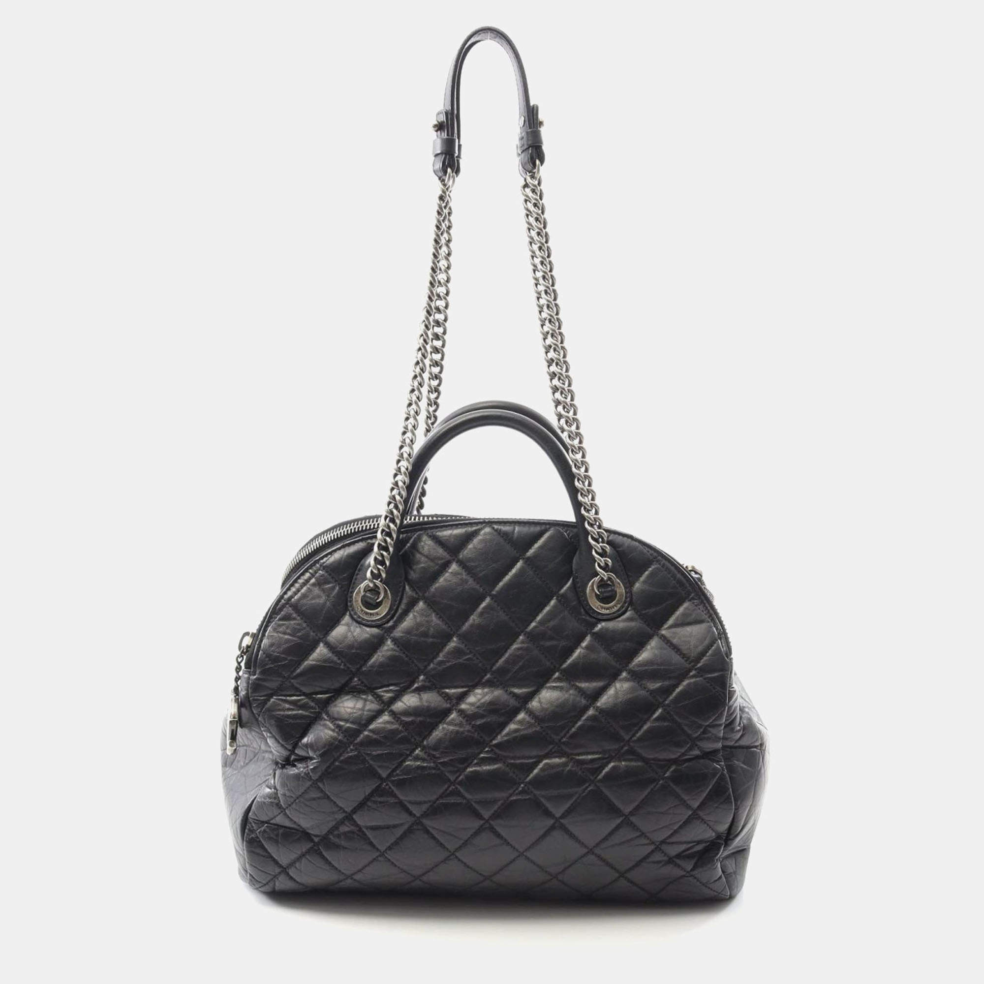 Pre Owned Chanel Classic Black Leather Bowling Bag