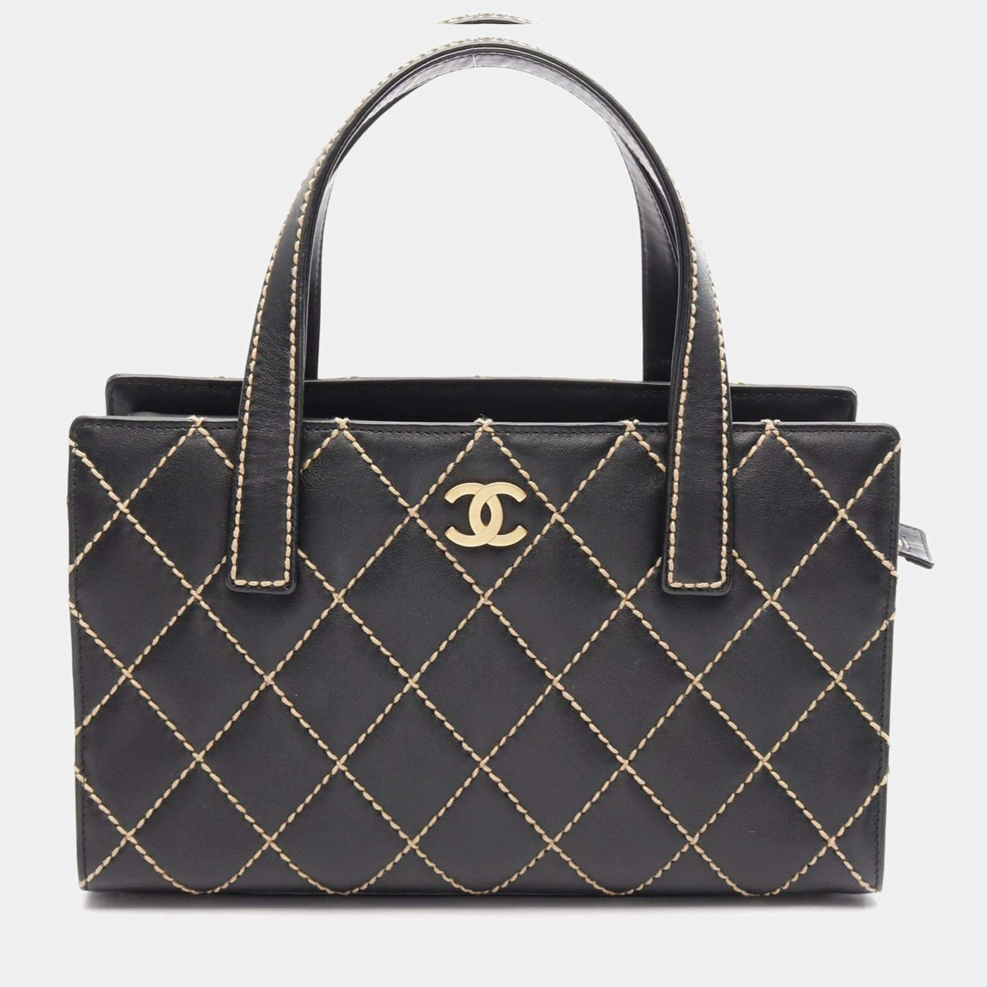 Pre Owned Chanel Wild Stitch Black Leather Tote Bag