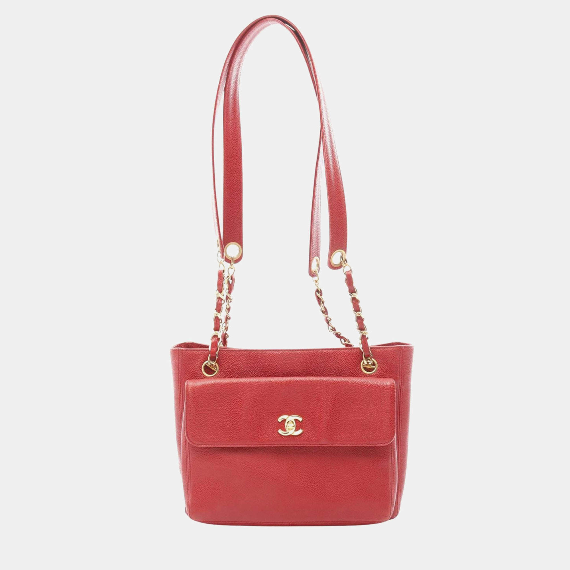 Pre Owned Chanel CC Red Leather Chain Shoulder Bag