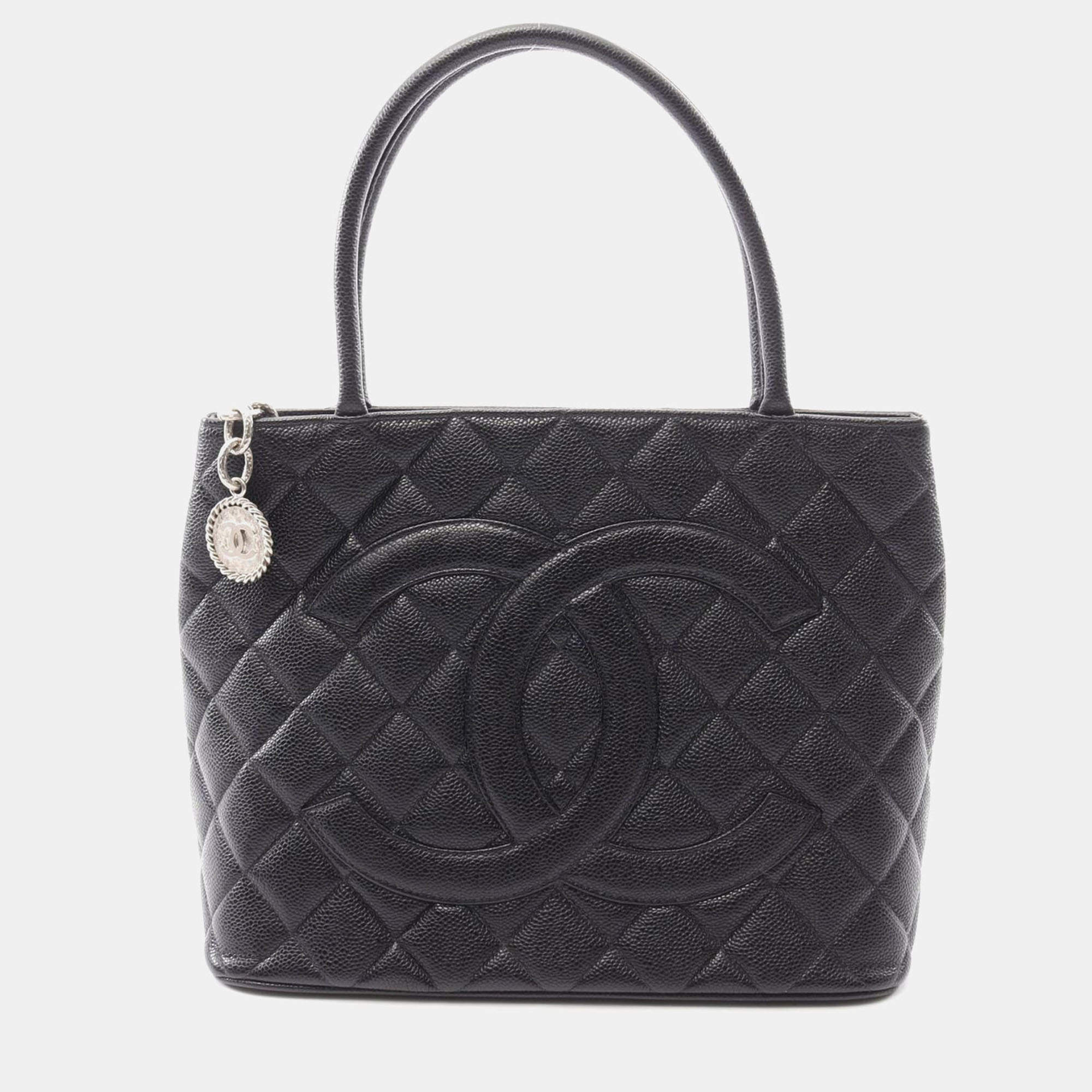Pre Owned Chanel Medallion Black Leather Tote Bag