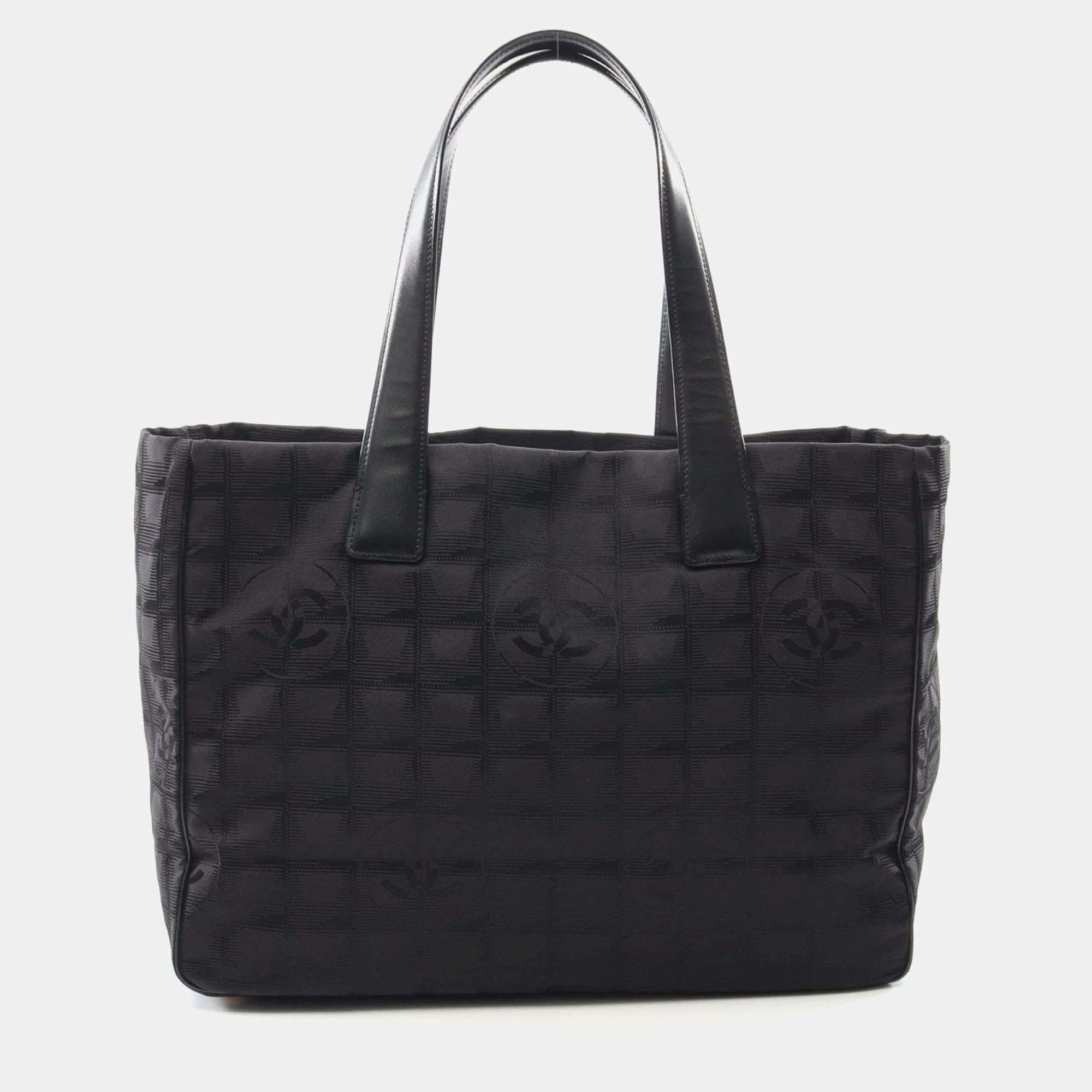 Chanel New Travel Line Mm Tote Bag Leather Nylon Canvas Black Ghw