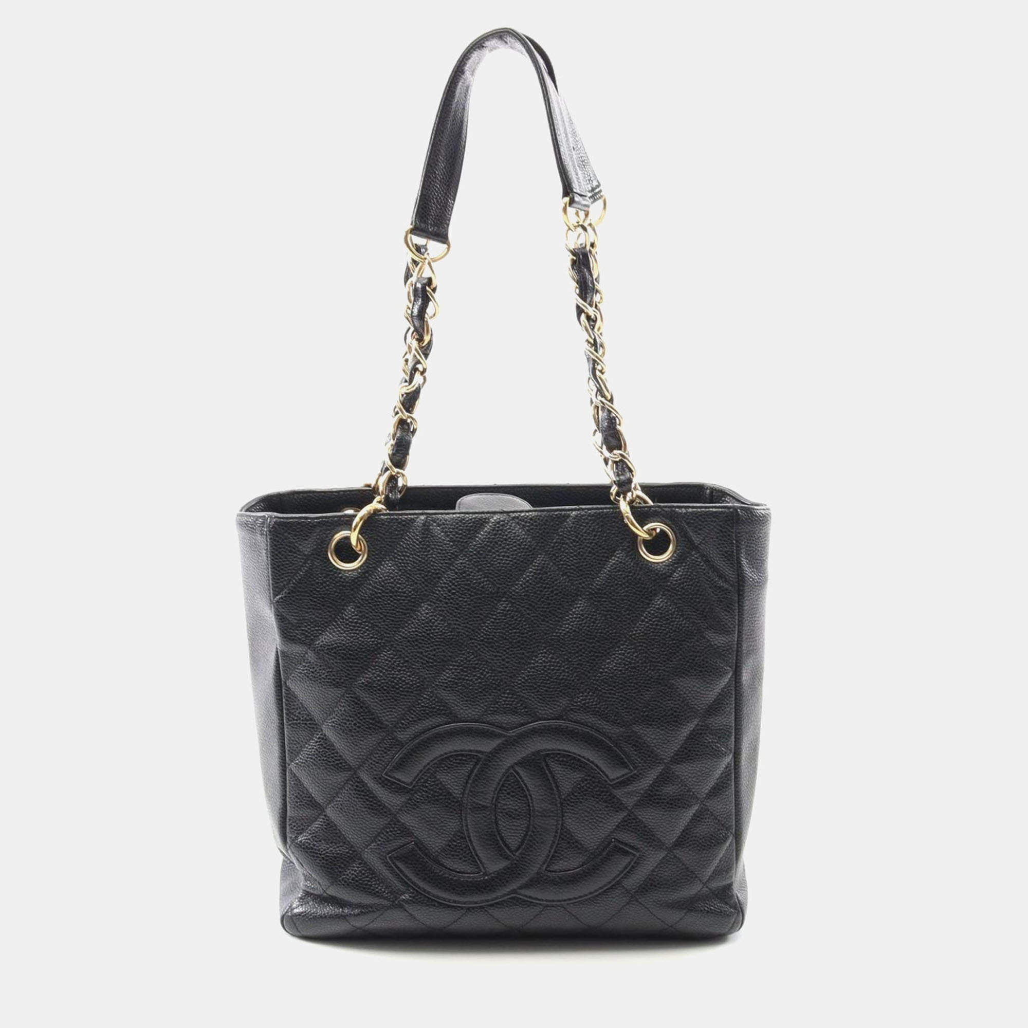 Pre Owned Chanel PST Black Leather Chain Tote Bag