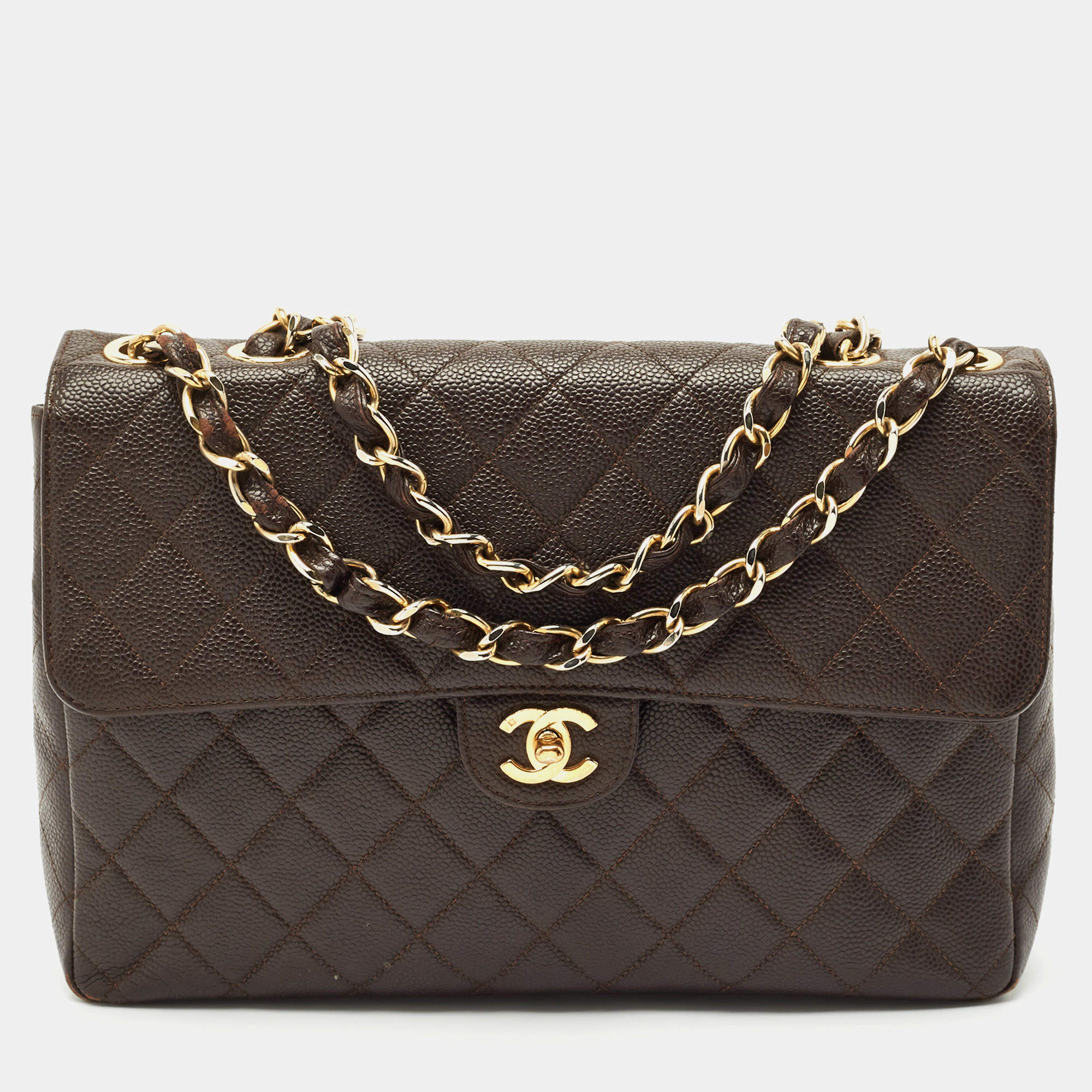 Pre Owned Chanel Dark Brown Quilted Caviar Leather Jumbo Vintage Classic Flap Bag