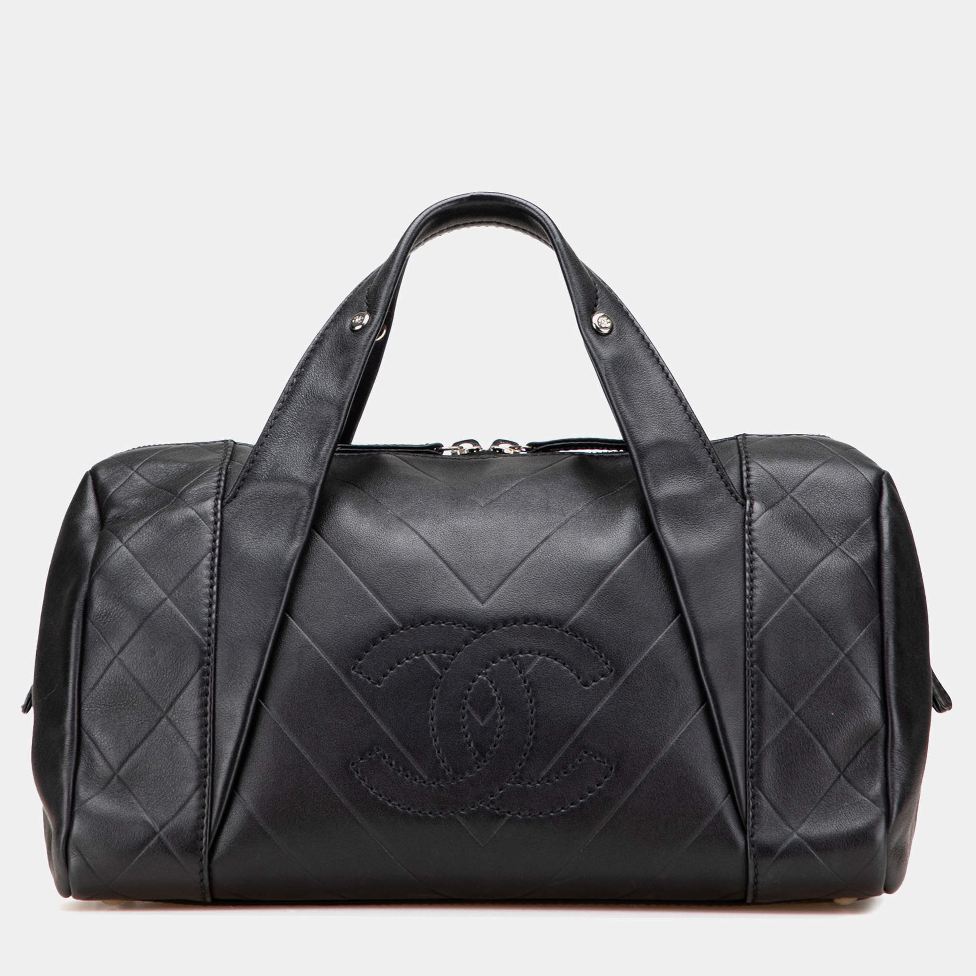 Pre Owned Chanel Black CC Chevron Quilted Lambskin Boston