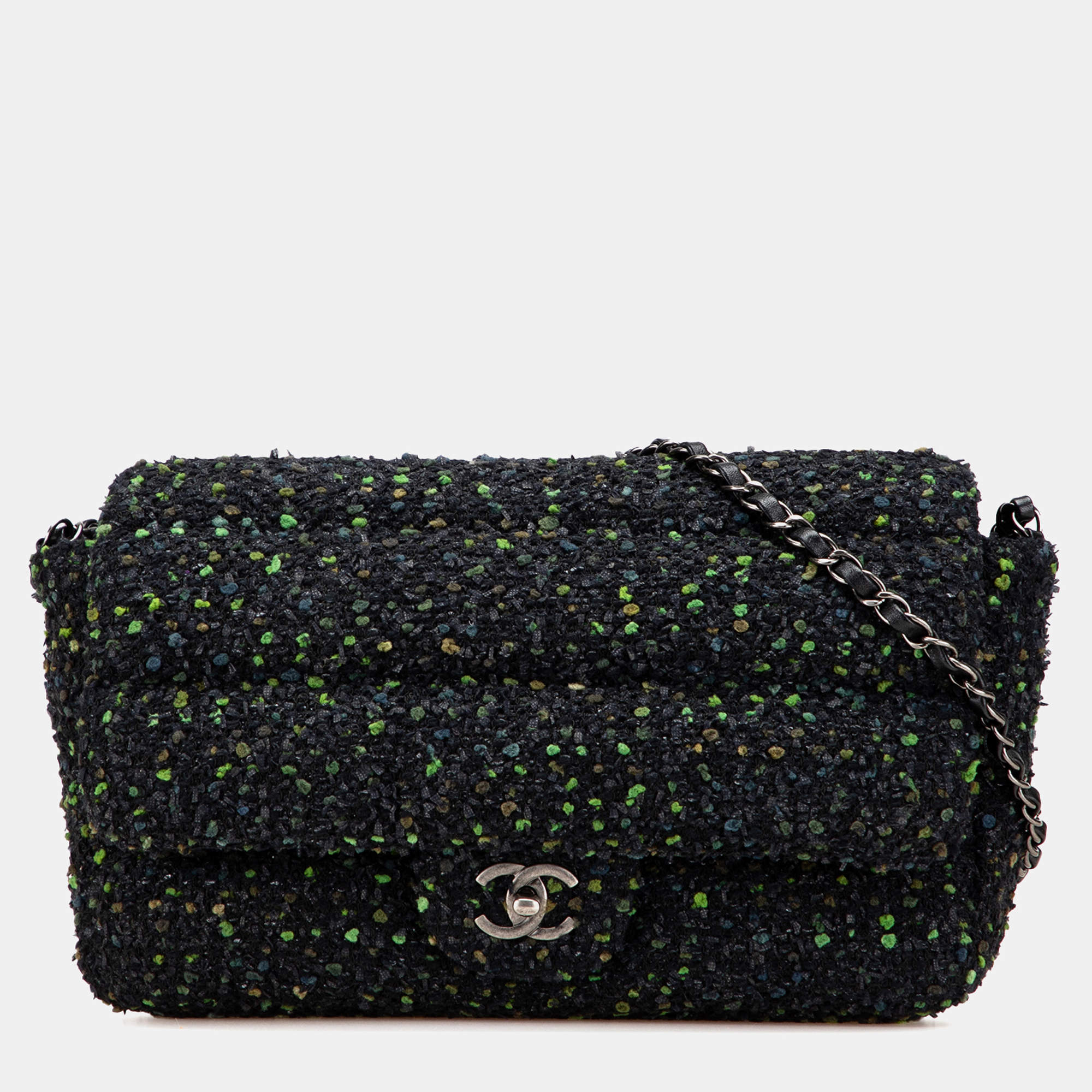 Pre Owned Chanel Black CC Tweed Flap Bag