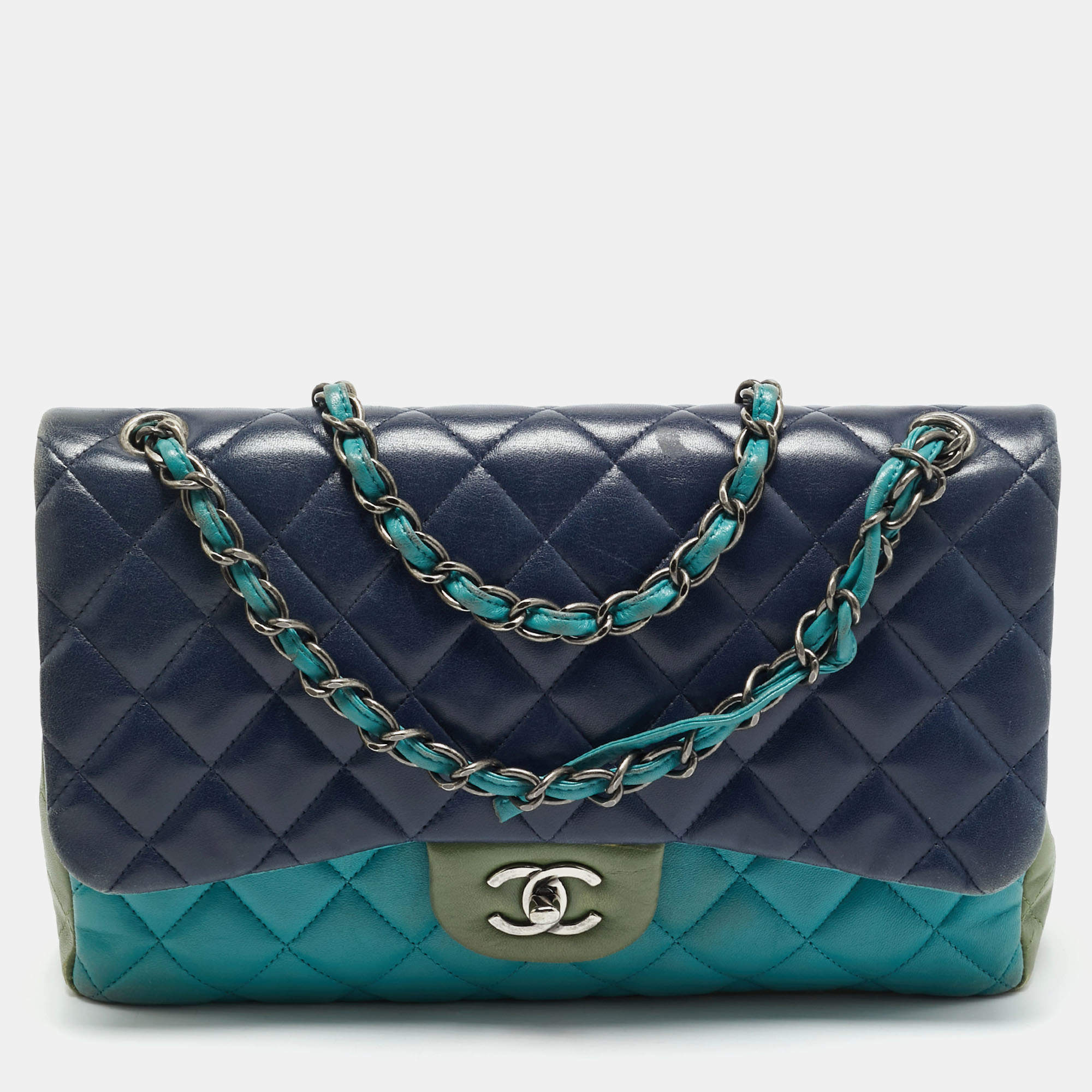 Pre Owned Chanel Tricolor Quilted Leather Jumbo Classic Double Flap Bag