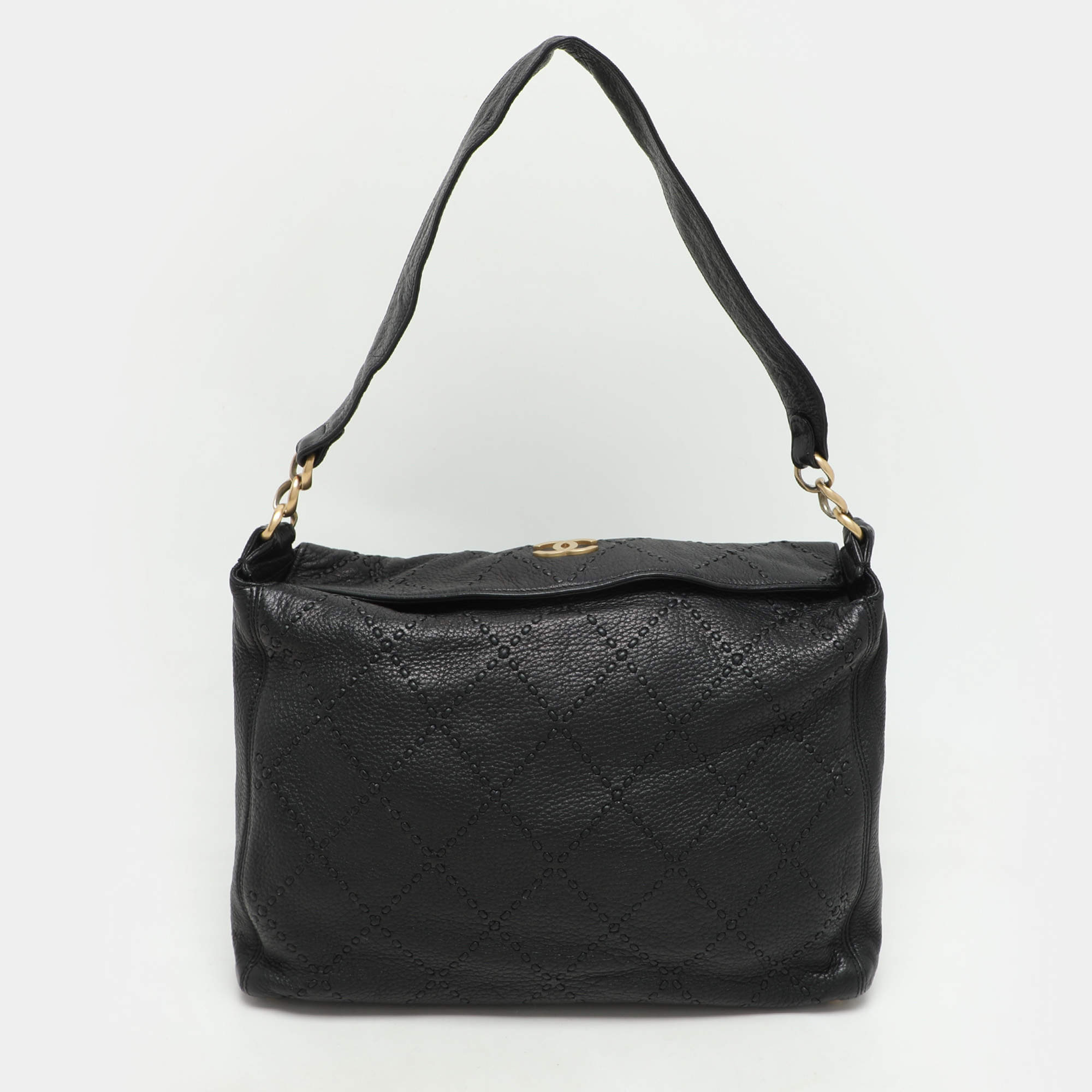 Pre Owned Chanel Black Quilted Wild Stitch Leather CC Shoulder Bag