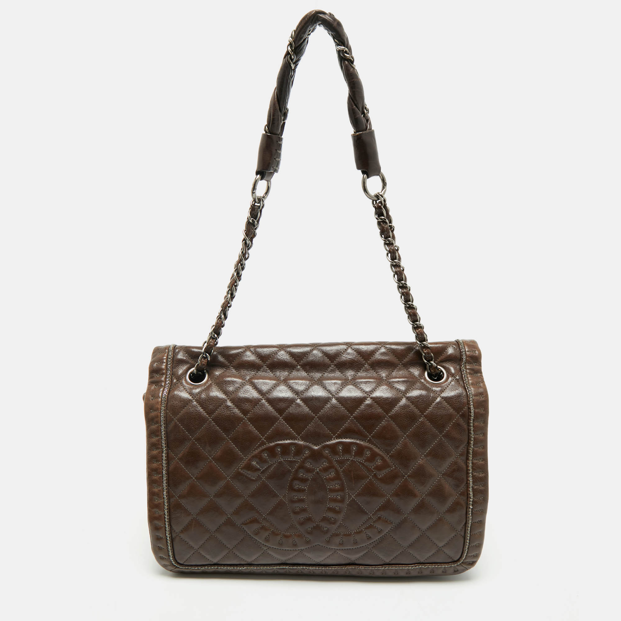 Pre Owned Chanel Dark Brown Quilted Leather Istanbul Accordion Flap Bag