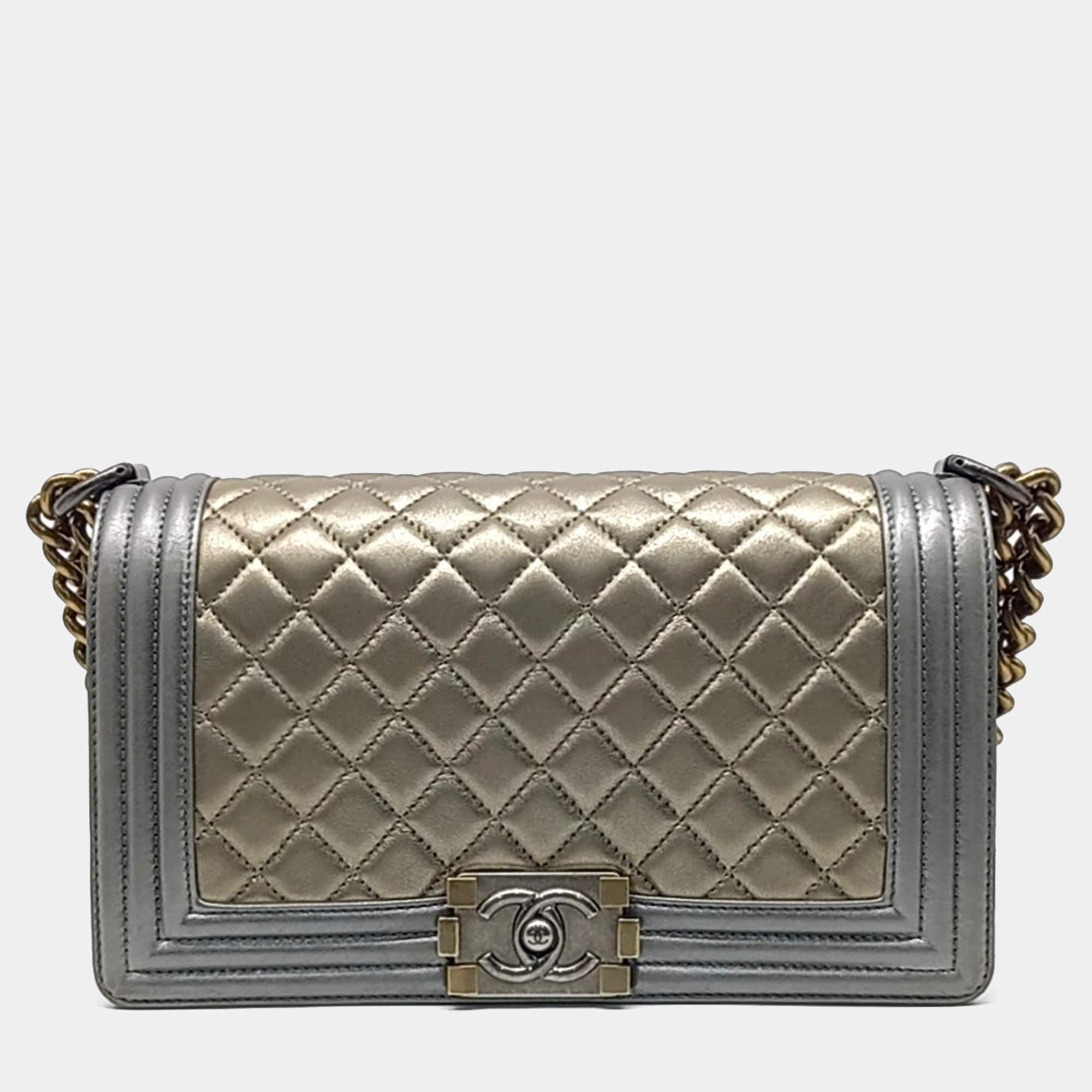Pre Owned Chanel Gold Silver Leather Medium Boy Bag 
