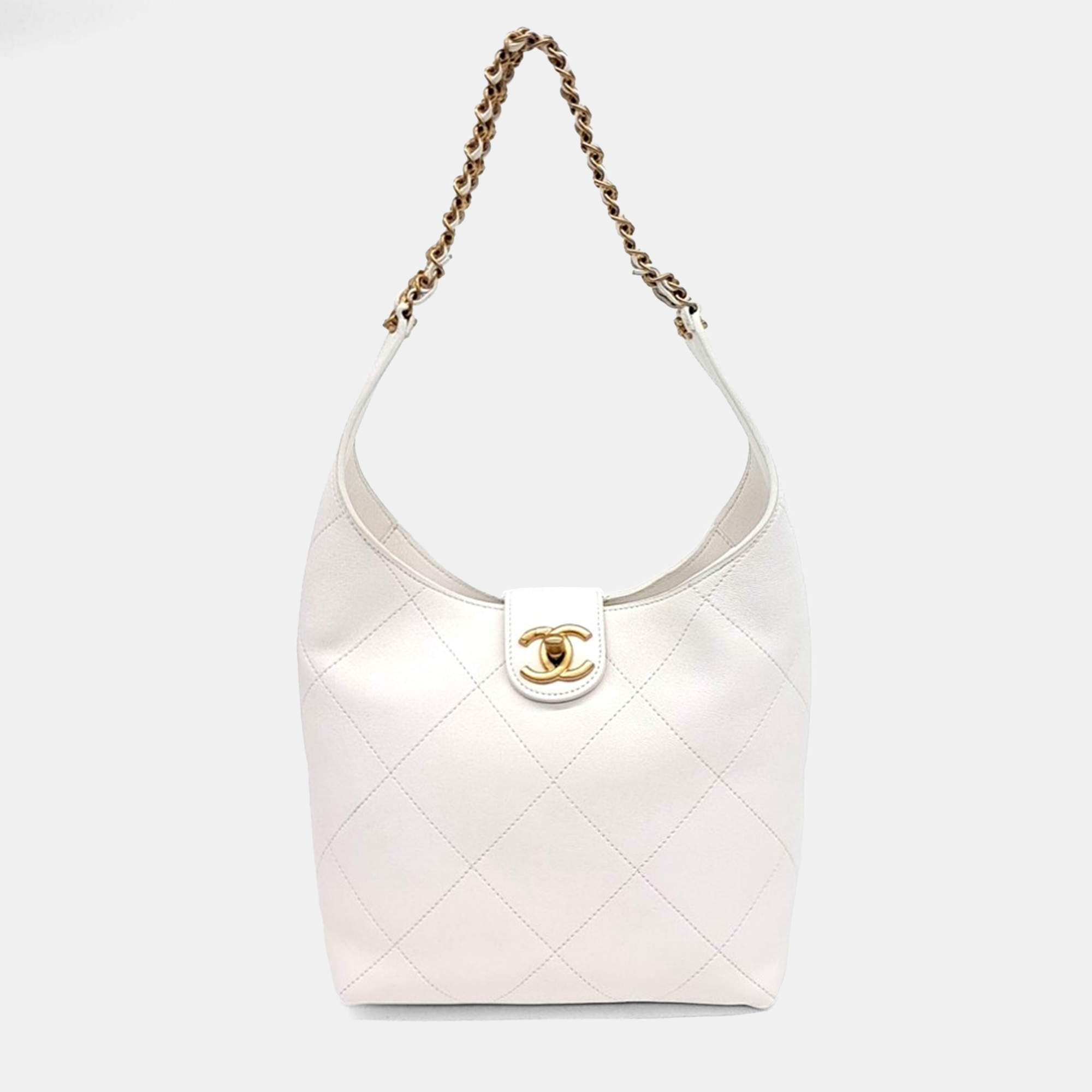 Pre Owned Chanel White Leather Chain Hobo Bag