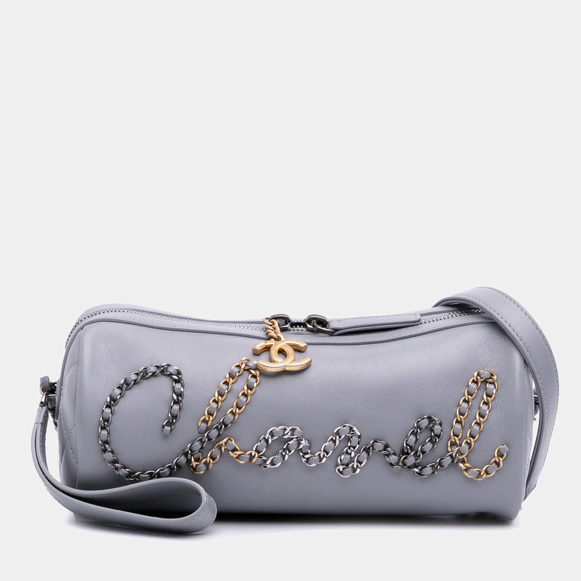 Pre Owned Chanel Grey Calfskin Signature Chain 20s Bowling Bag