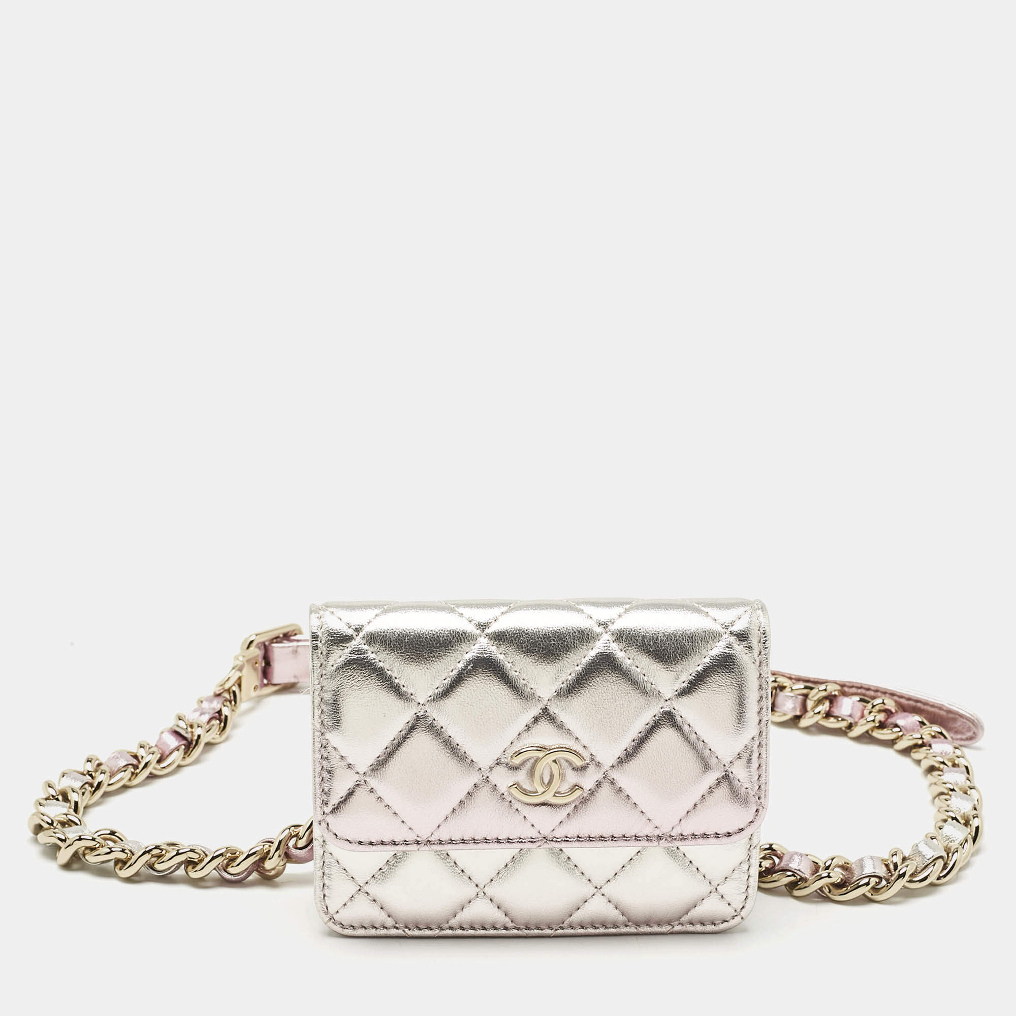 Pre Owned Chanel Metallic Pink Quilted Leather CC Flap Chain Belt Bag 