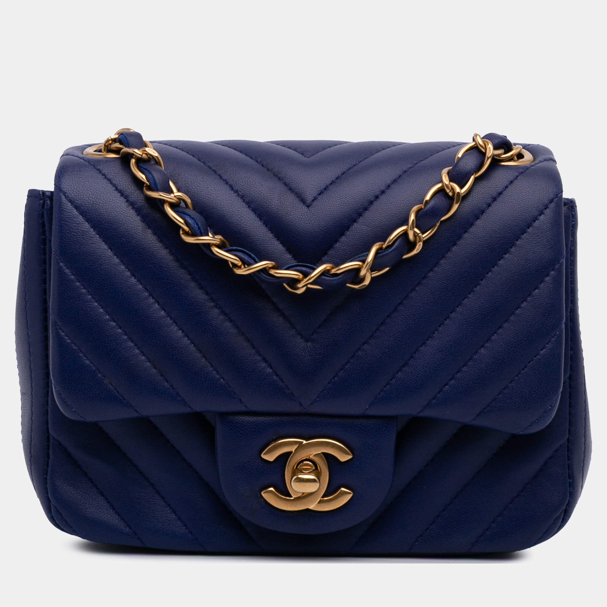 Pre Owned Chanel Blue Mini Square Classic Chevron Lambskin Single Flap