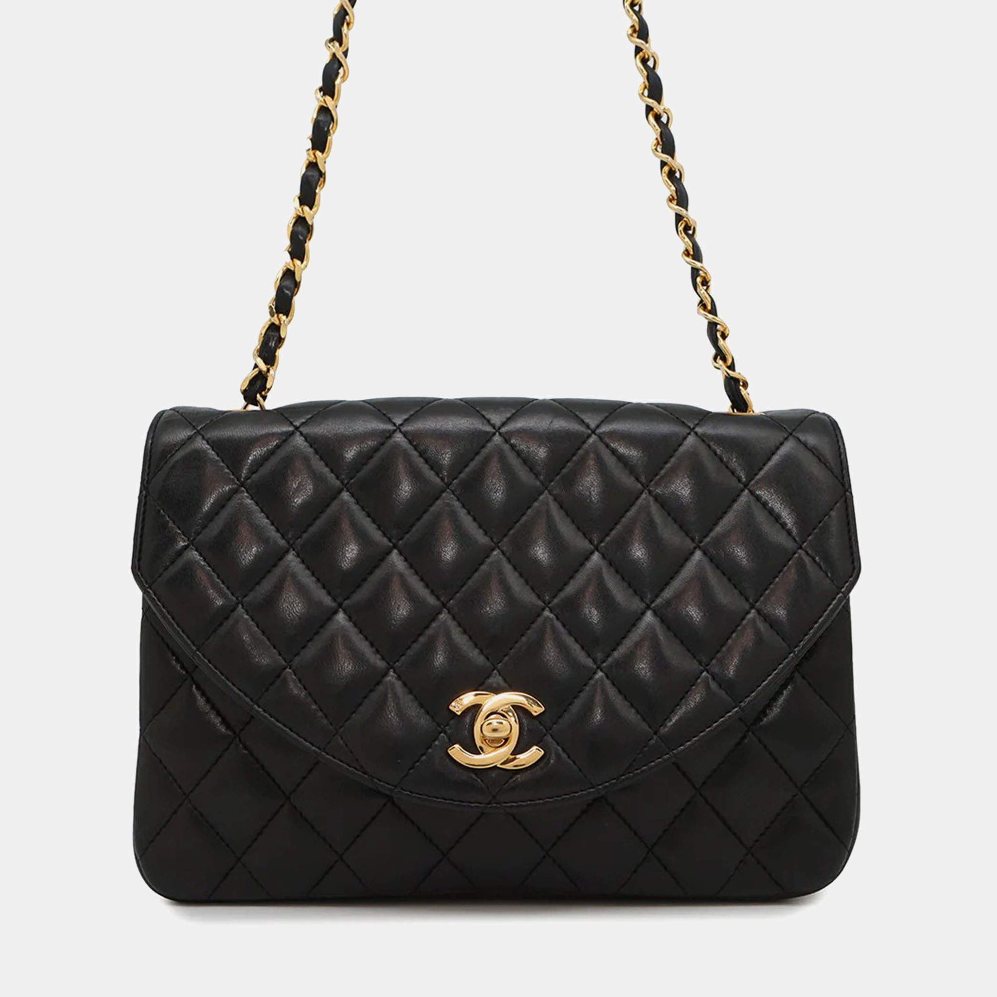 Pre Owned Chanel Half Moon Black Quilted Lambskin Chain Shoulder Bag