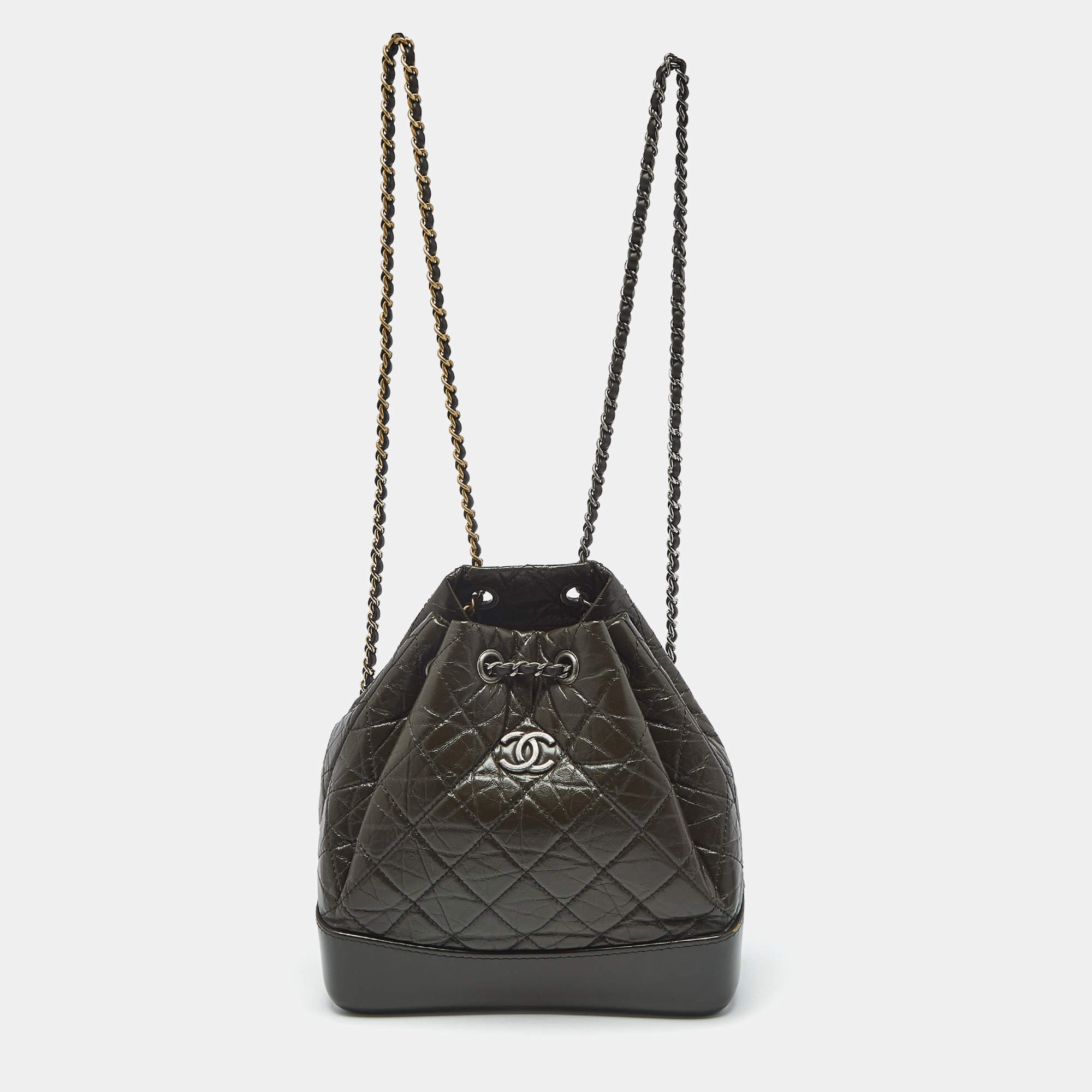 Pre Owned Chanel Dark Green Quilted Aged Leather Small Gabrielle Backpack