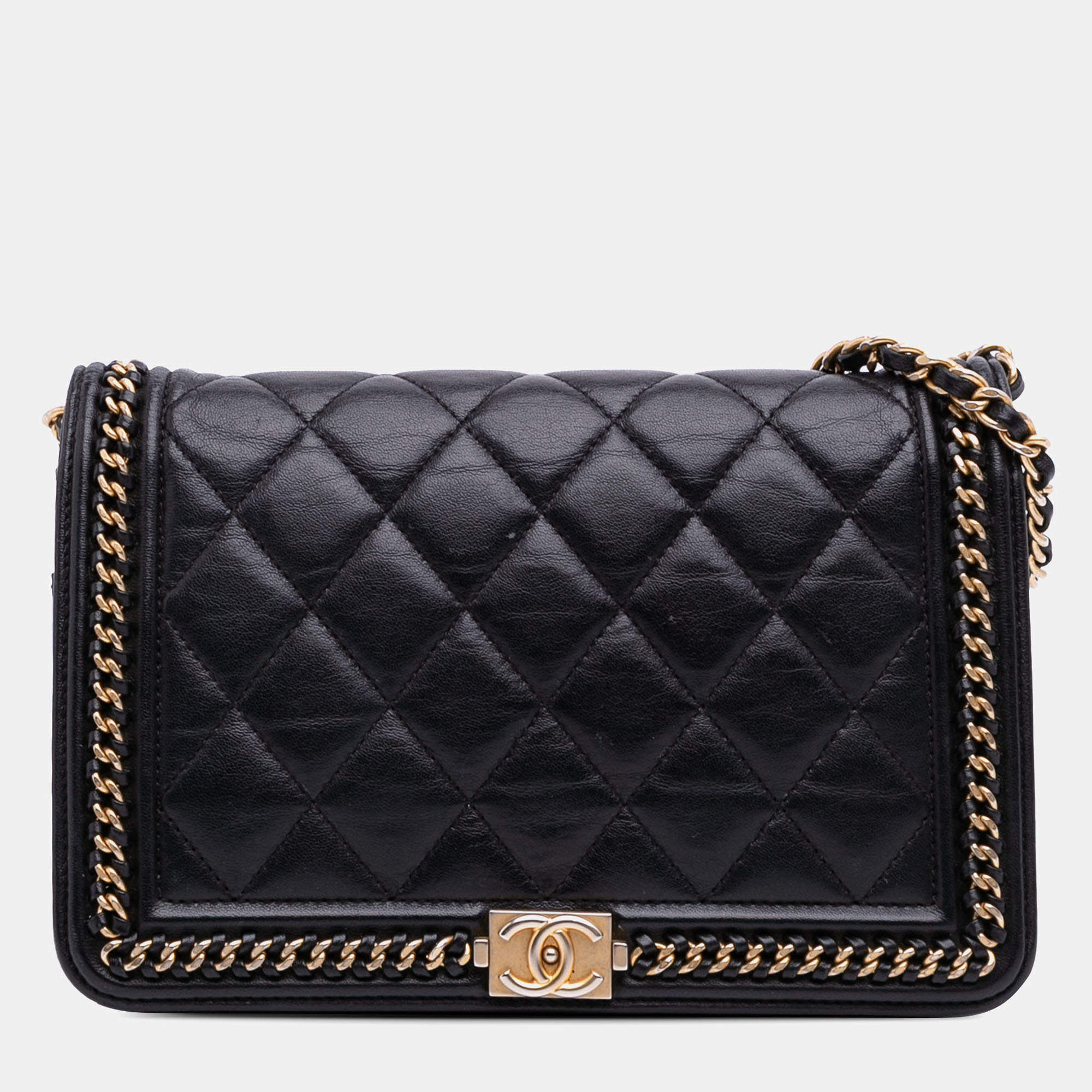Pre Owned Chanel Black Quilted Calfskin Chain Around Boy Wallet on Chain
