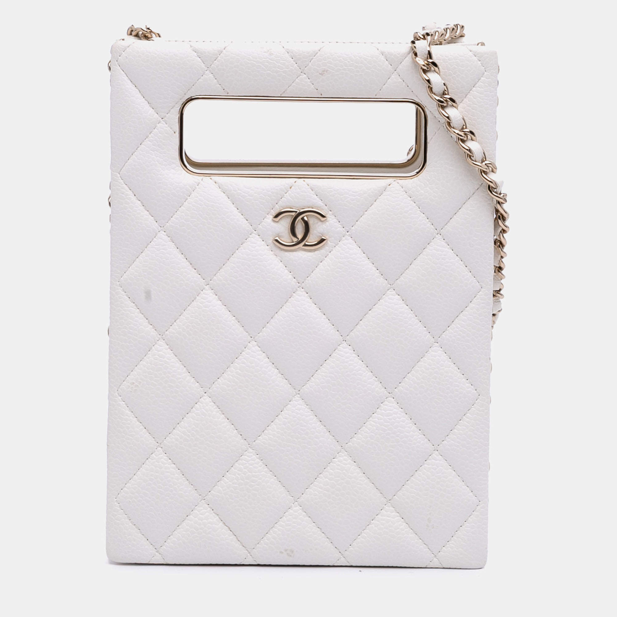 Pre Owned Chanel White Mini Quilted Caviar Cut Out Evening Tote