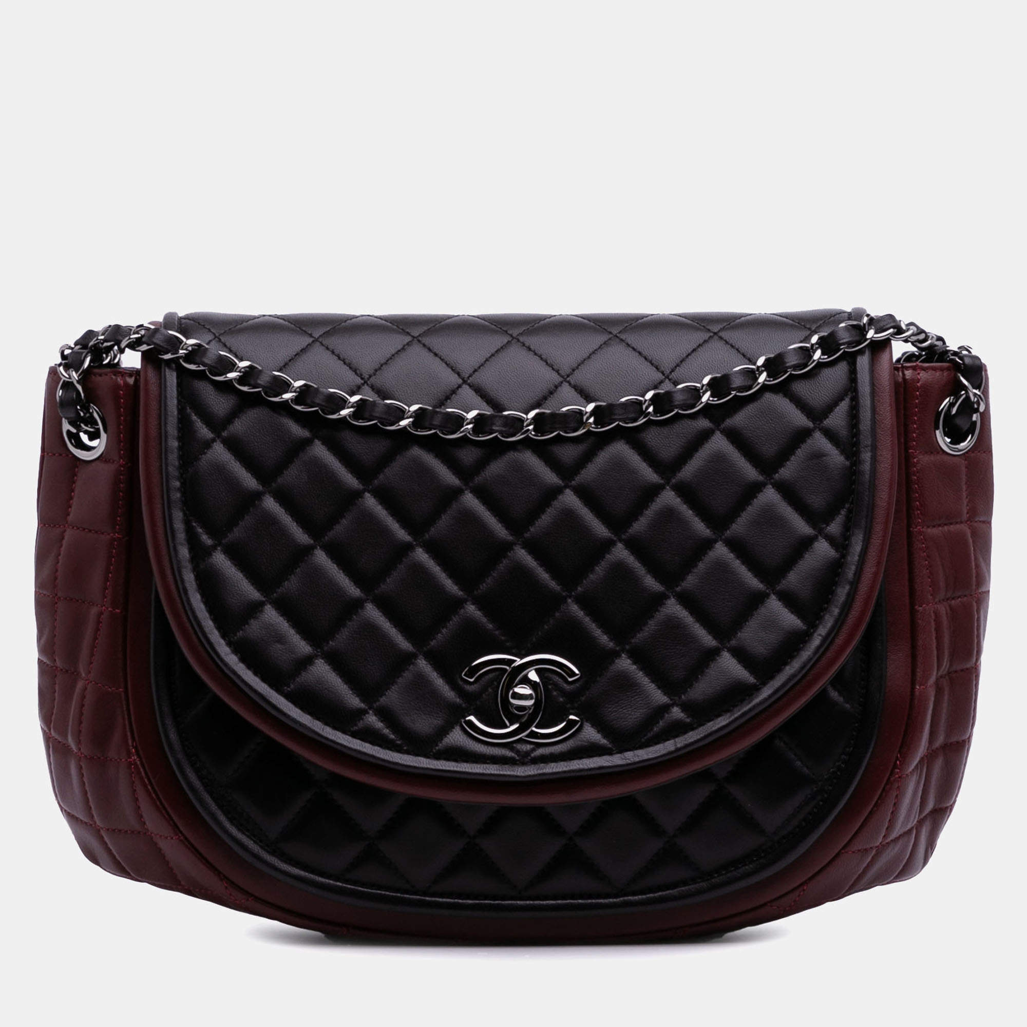 Pre Owned Chanel Burgundy Bicolor Quilted Lambskin Twist Crescent Flap