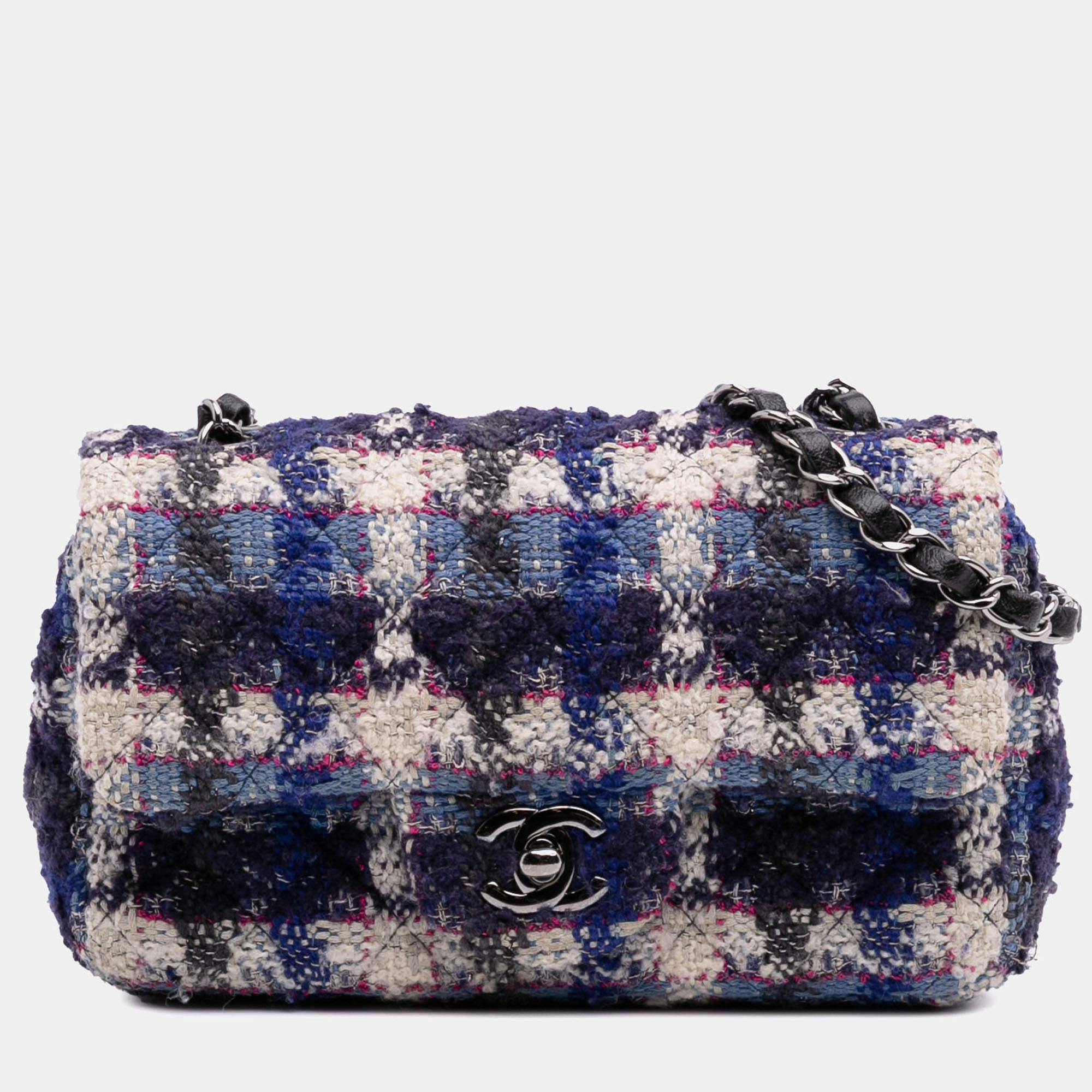 Pre Owned Chanel Blue Mini Rectangular Classic Tweed Single Flap