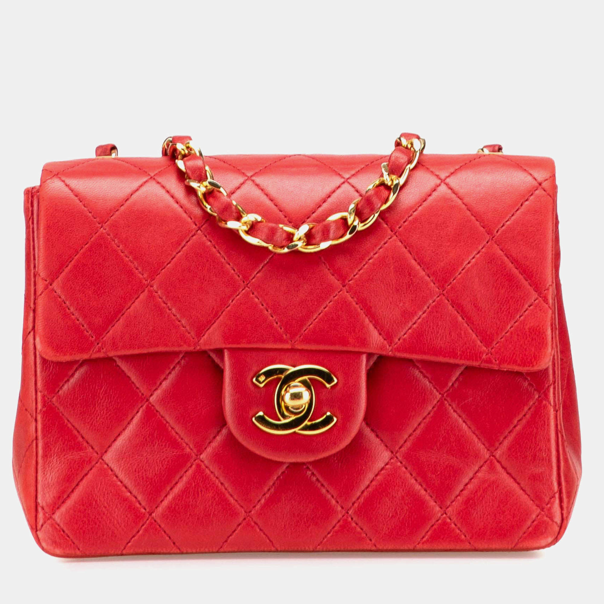 Pre Owned Chanel Red Mini Square Classic Lambskin Single Flap