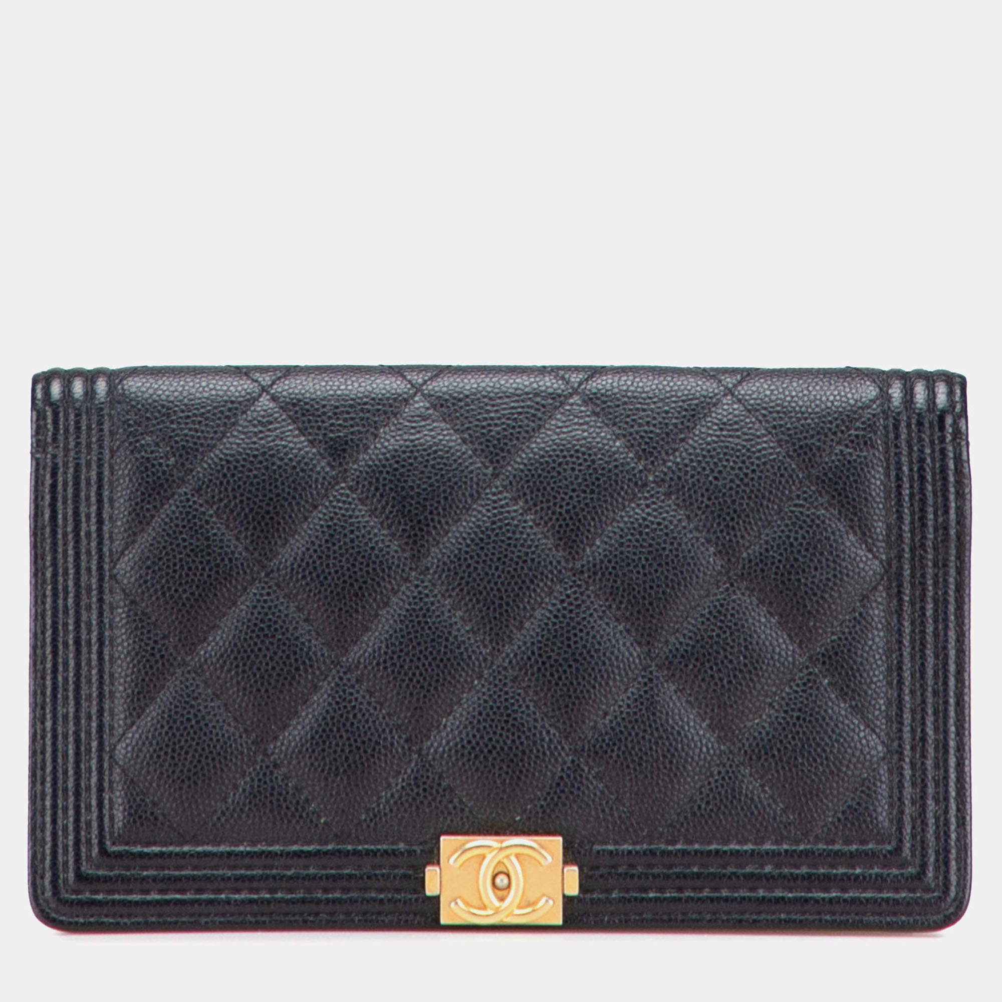 Pre Owned Chanel Black Quilted Caviar Boy Yen Long Wallet
