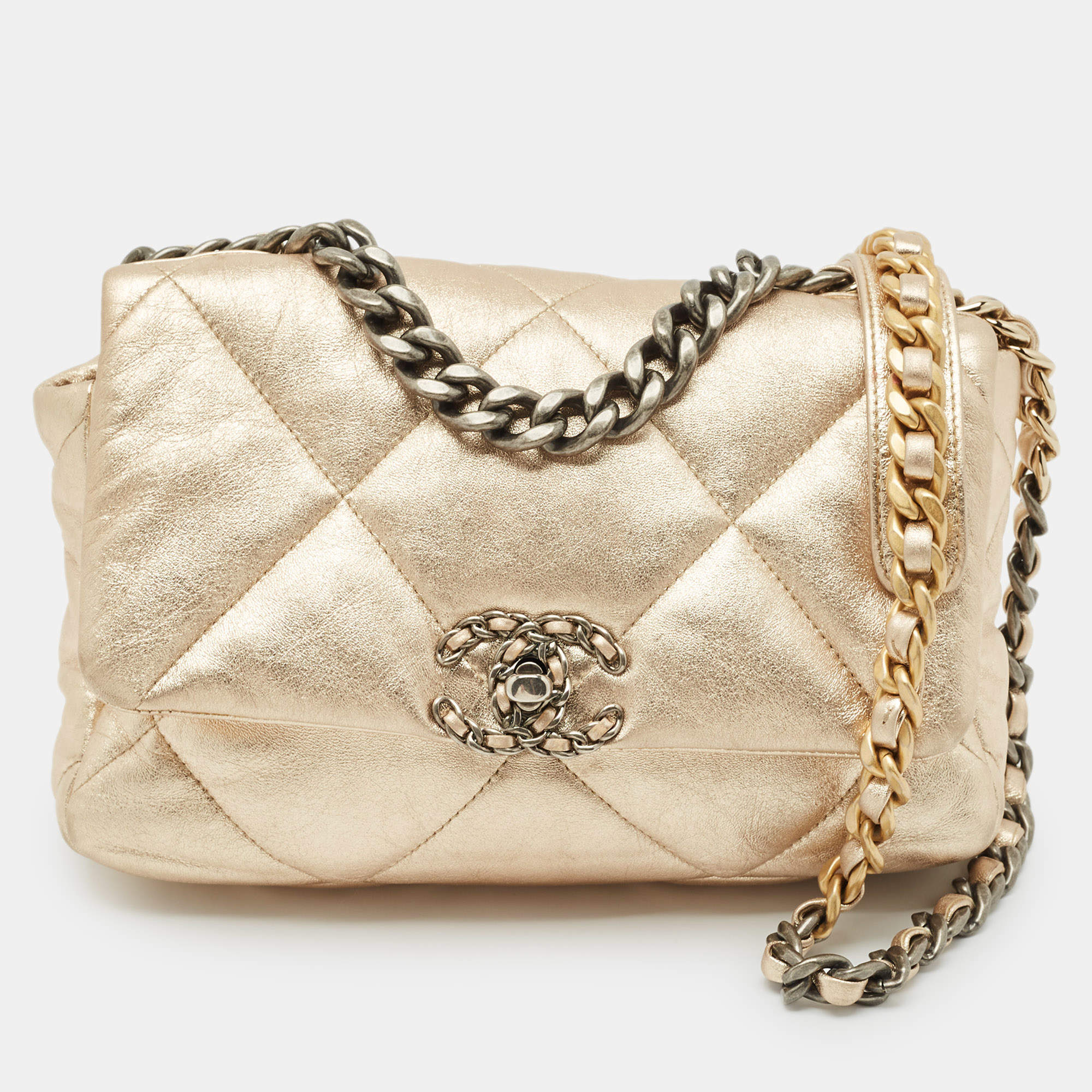 Pre Owned Chanel Gold Quilted Leather Small 19 Flap Bag