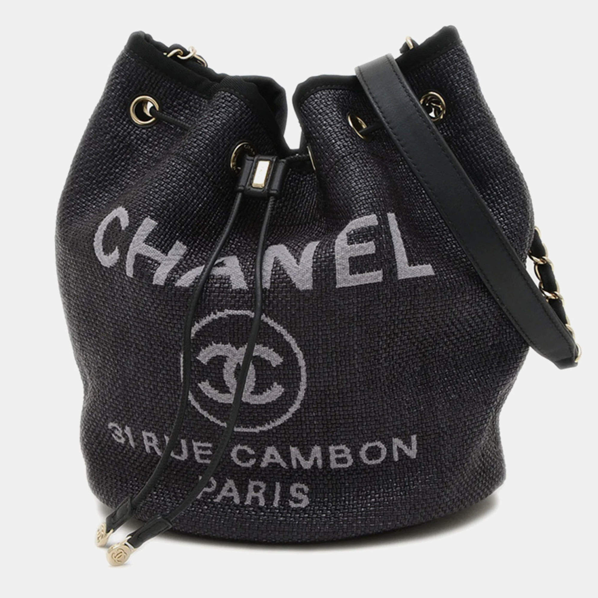 Pre Owned Chanel Deauville Black Raffia Chain Shoulder Bag