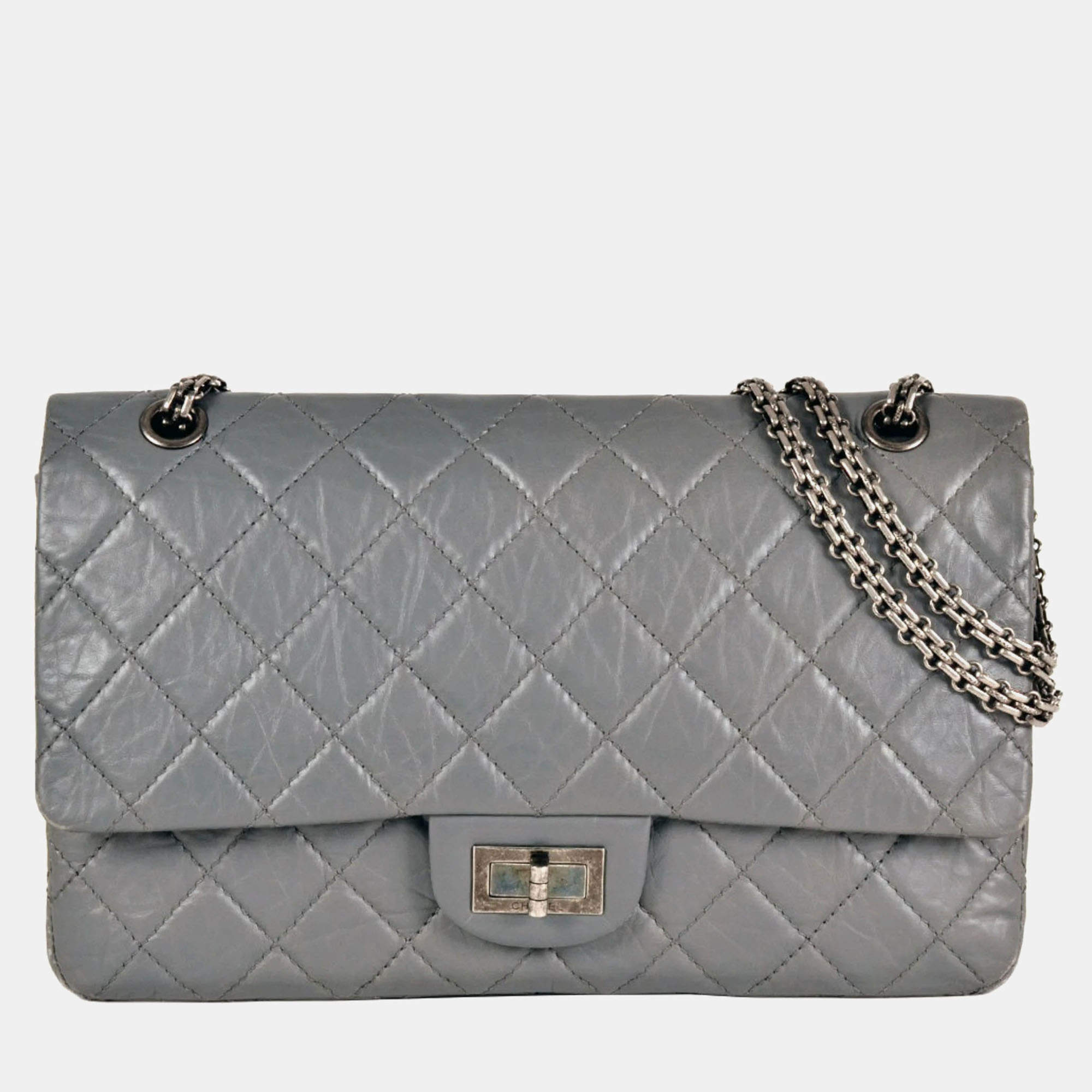Pre Owned Chanel 2.55 Double Flap Grey Leather Shoulder Bag