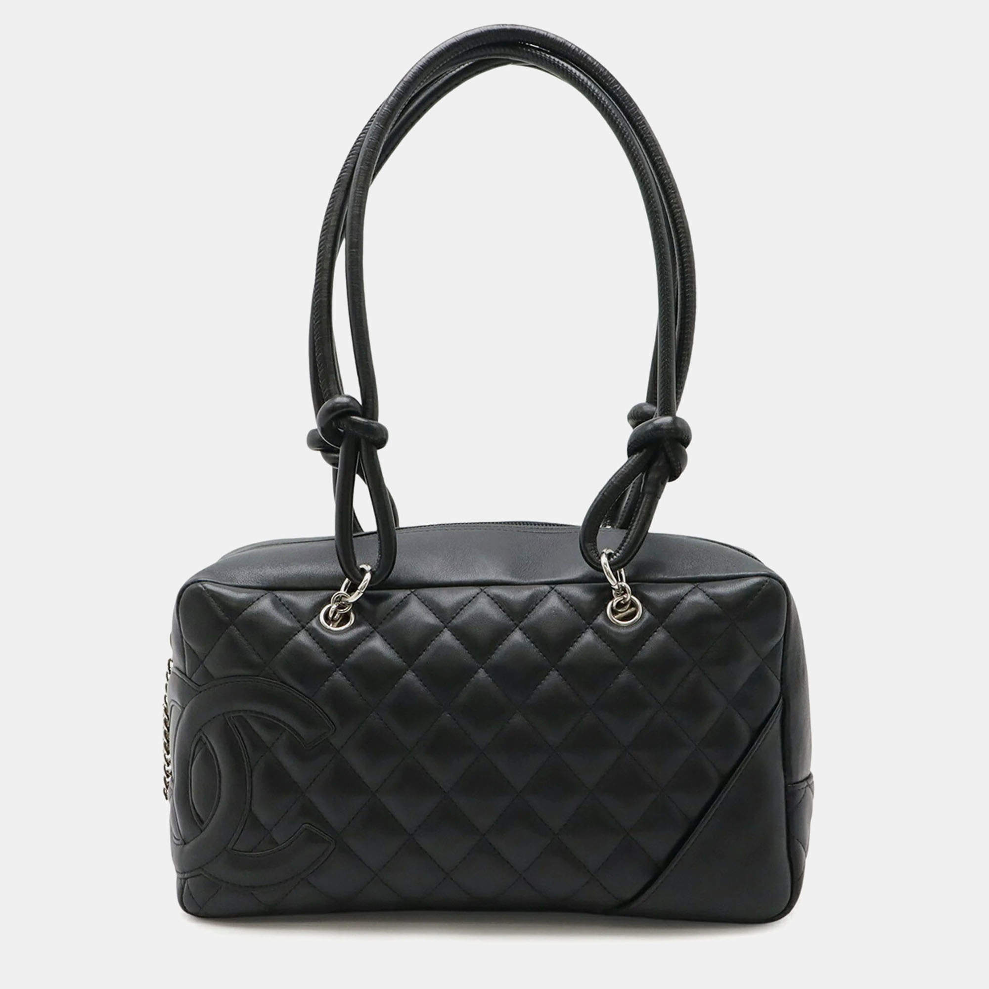 Pre Owned Chanel Cambon Ligne Black Soft Calf Leather Bowling Bag