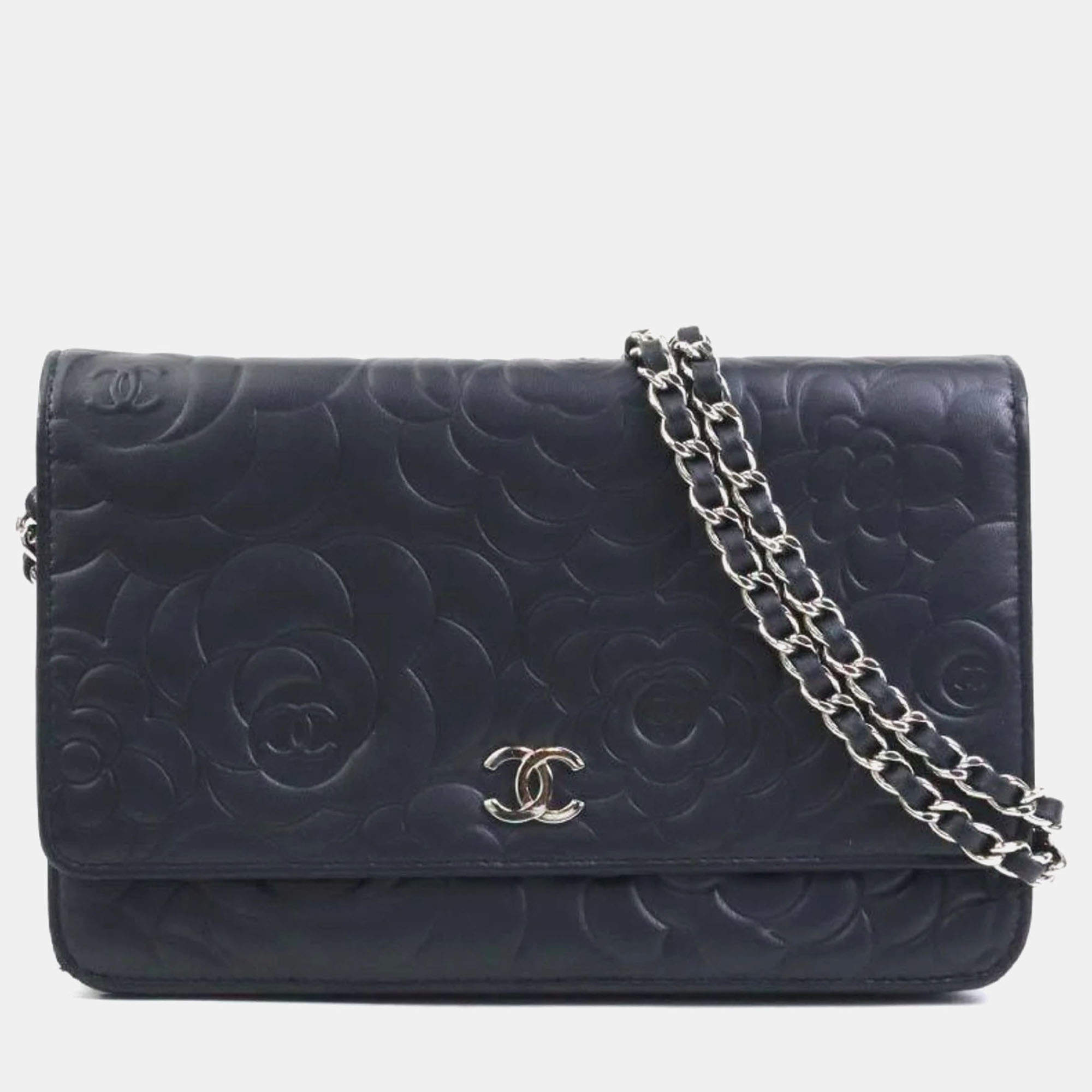 Pre Owned Chanel Camellia Black Wallet on Chain