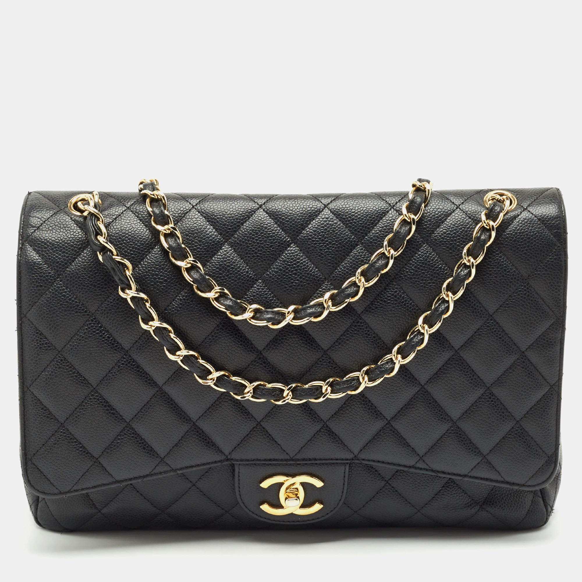 Pre Owned Chanel Black Quilted Caviar Leather Maxi Classic Double Flap Bag