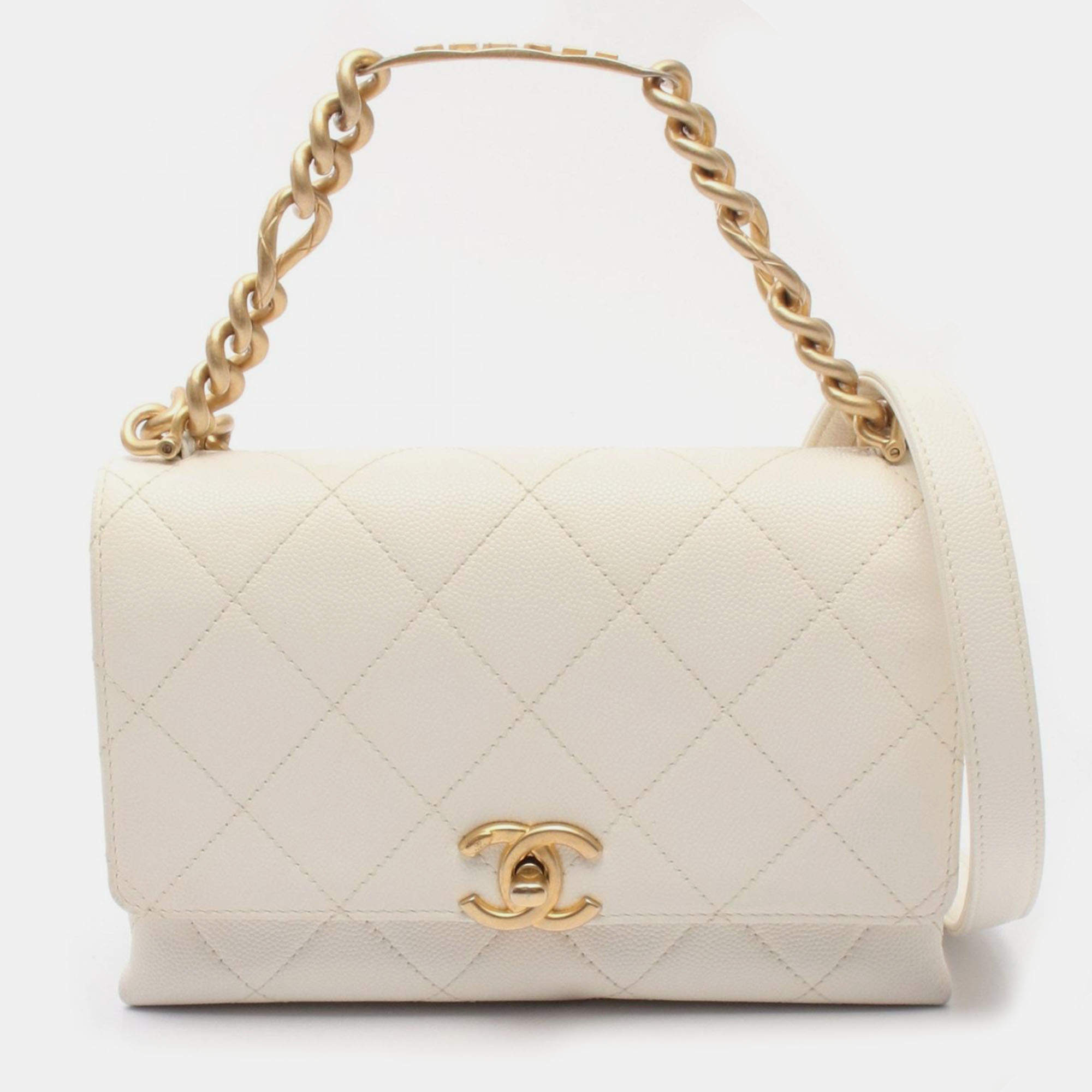 Pre Owned Chanel Matelasse White Grained Calfskin Chain Shoulder Bag