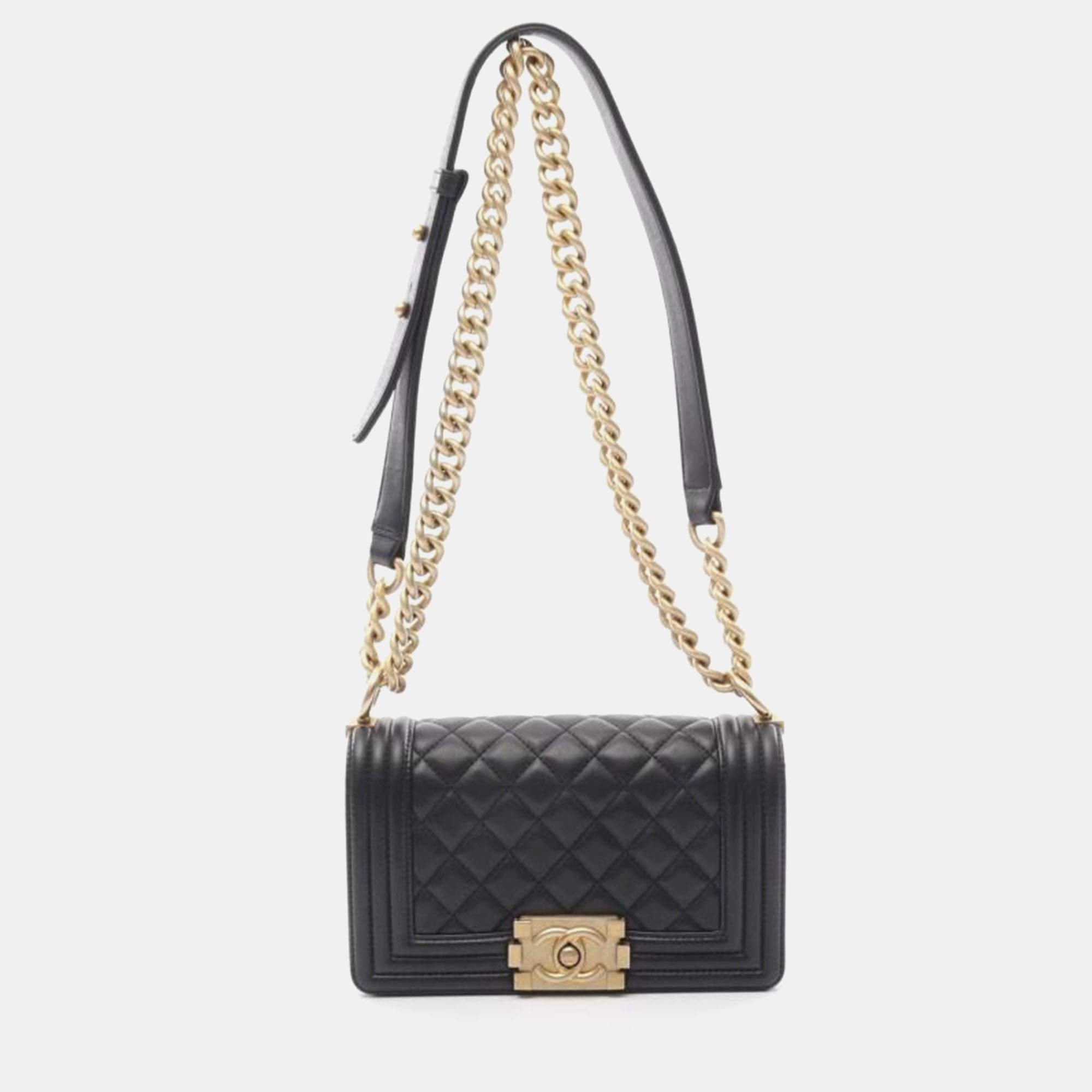 Pre Owned Chanel Boy Small Black Leather Chain Shoulder Bag
