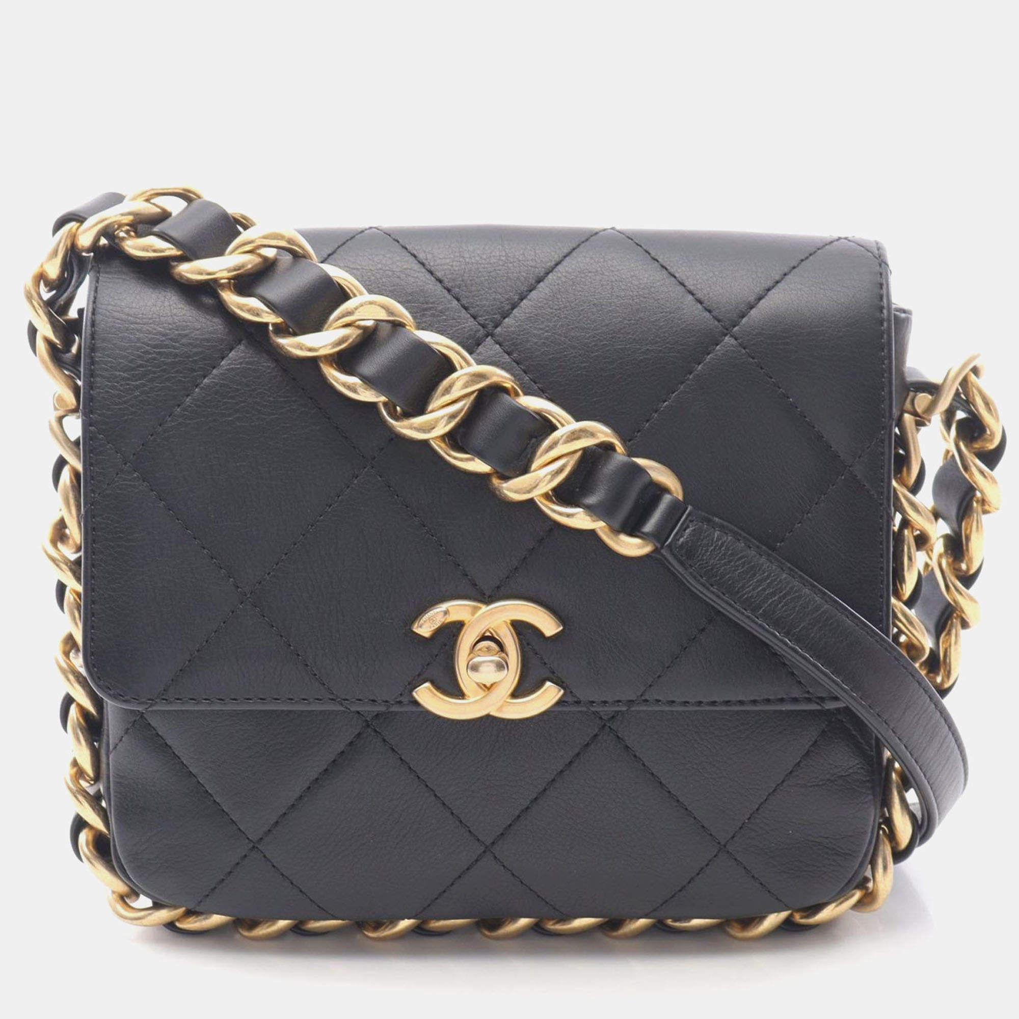 Pre Owned Chanel Matelasse Small Flap Black Lambskin Chain Shoulder Bag