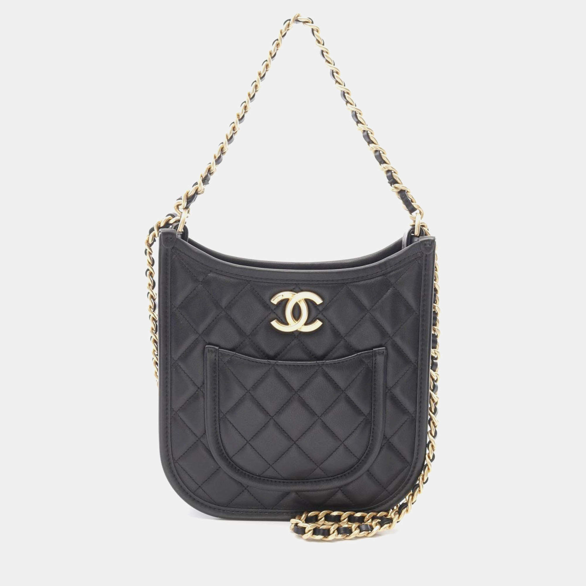 Pre Owned Chanel CC Black Lambskin Chain Hobo Bag