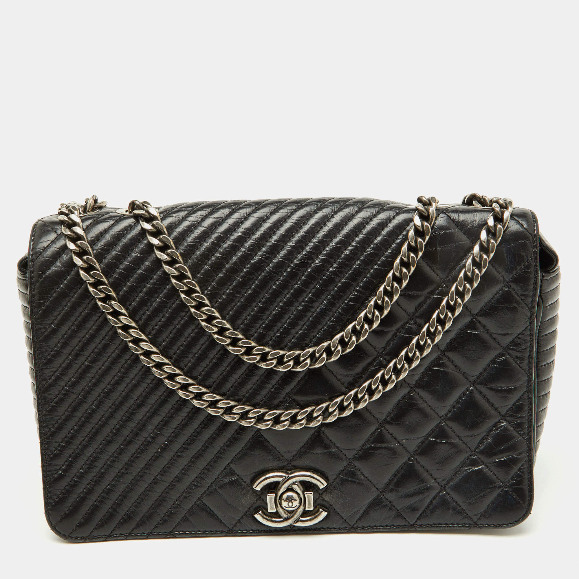 Pre Owned Chanel Black Mixed Quilted Leather Medium Coco Boy Flap Bag