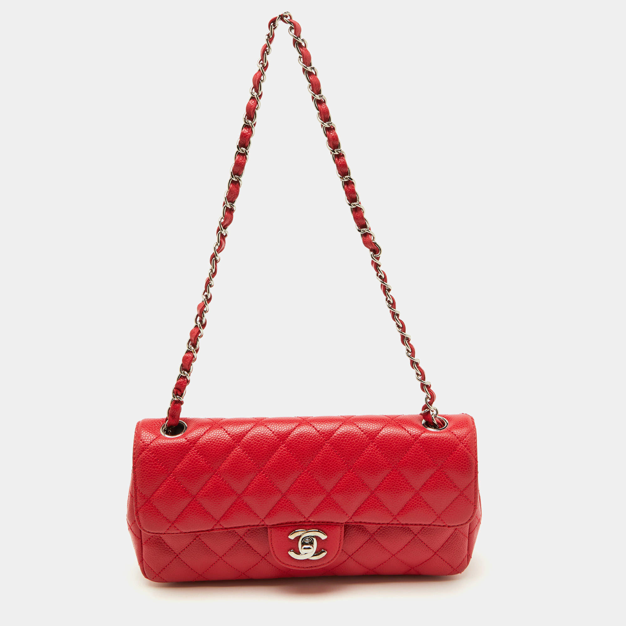 Pre Owned Chanel Red Quilted Caviar Leather Classic East West Flap Bag