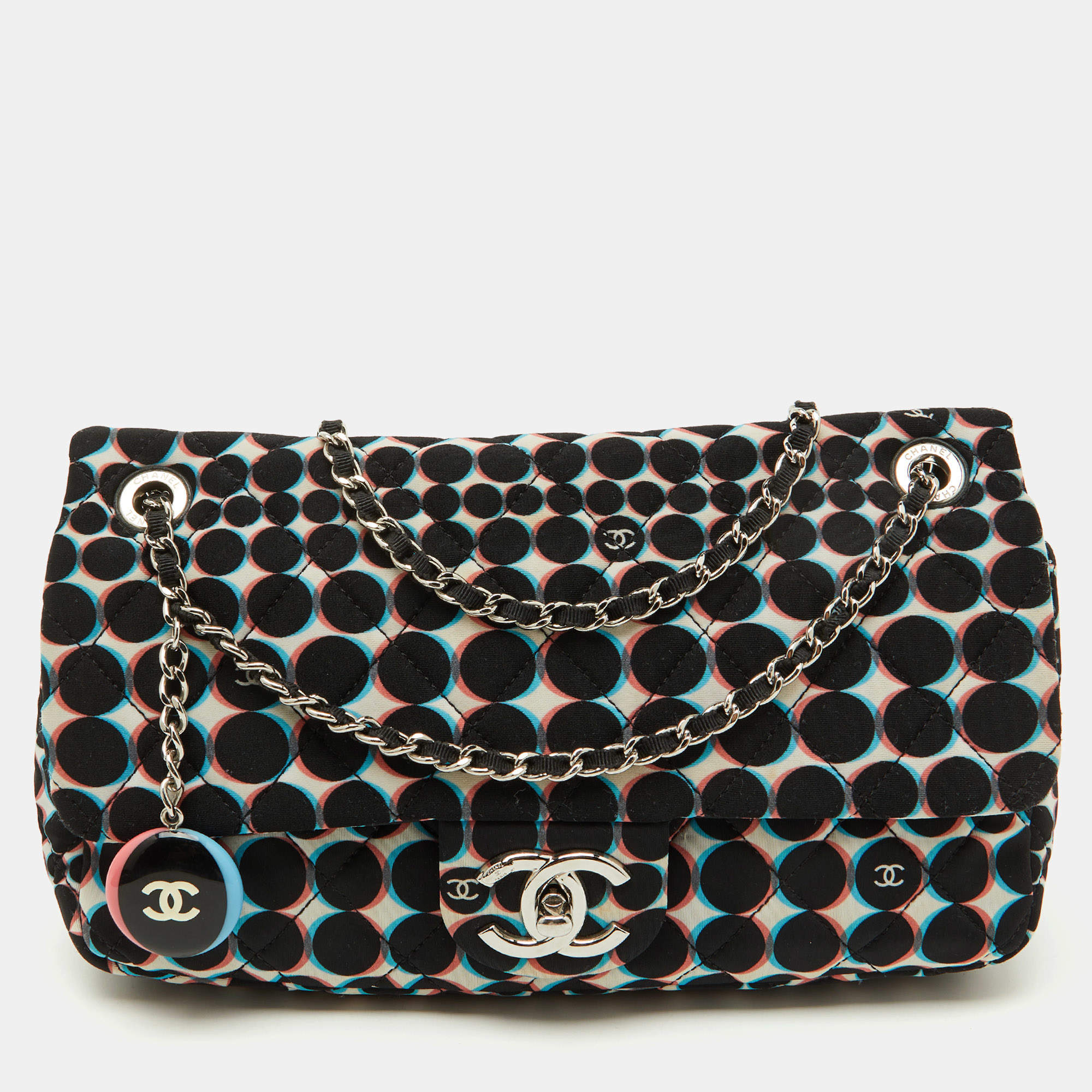 Pre Owned Chanel Black/White Nylon Polka Dot Printed Medium Classic Single Flap Bag