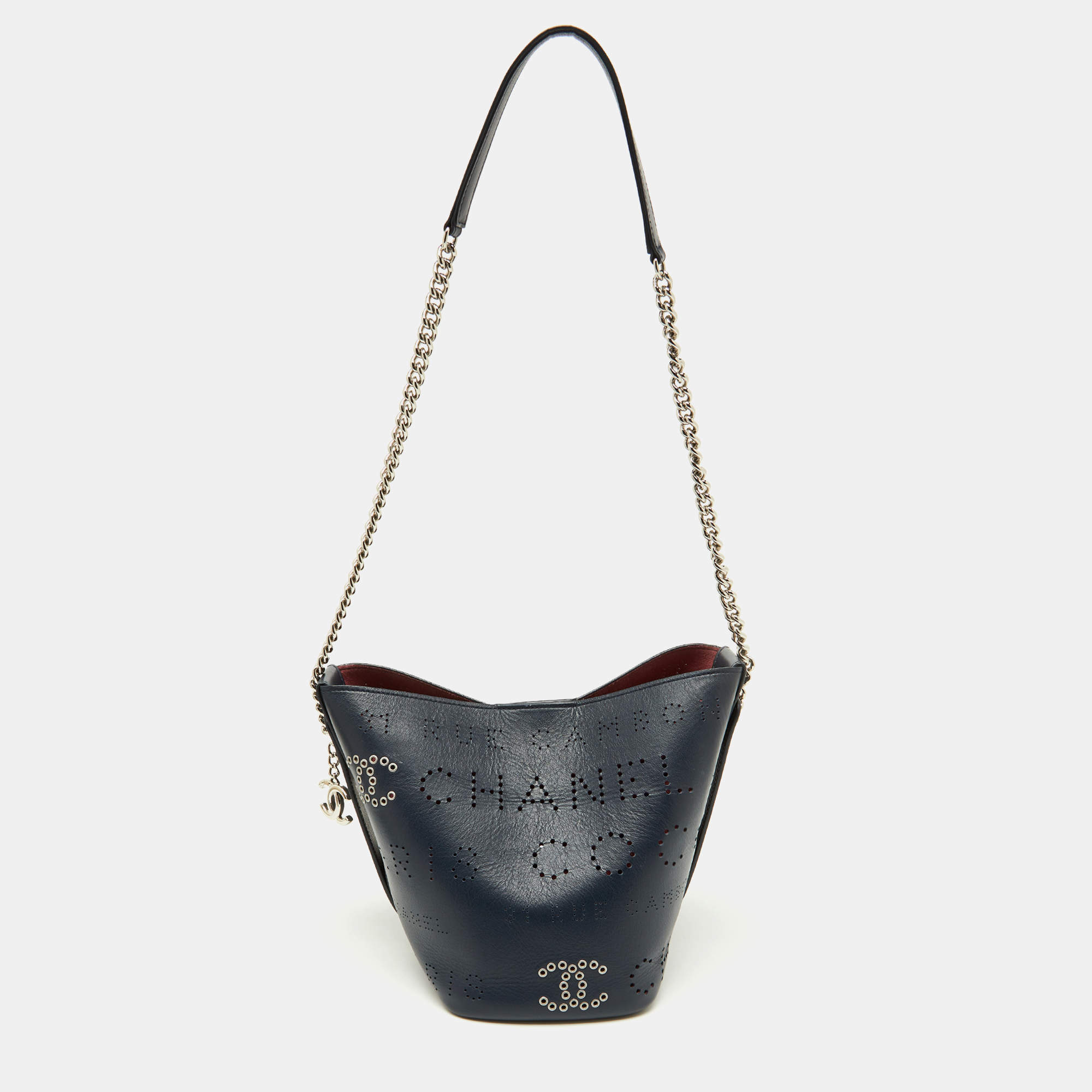 Pre Owned Chanel Navy Blue Leather Perforated CC Eyelet Drawstring Bucket Bag