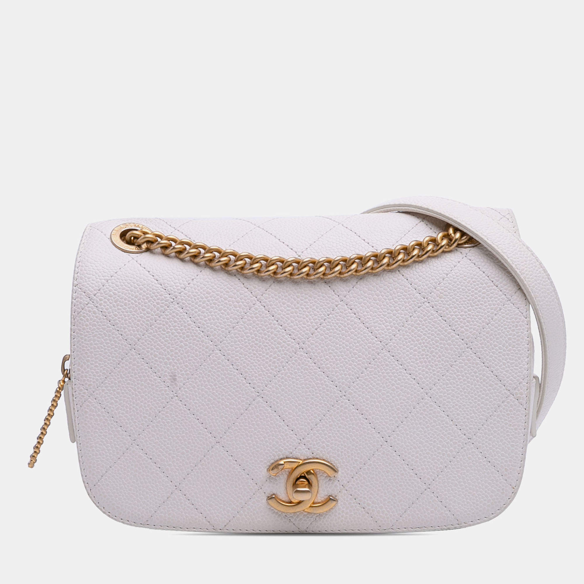 Pre Owned Chanel White CC Quilted Caviar Turnlock Full Flap