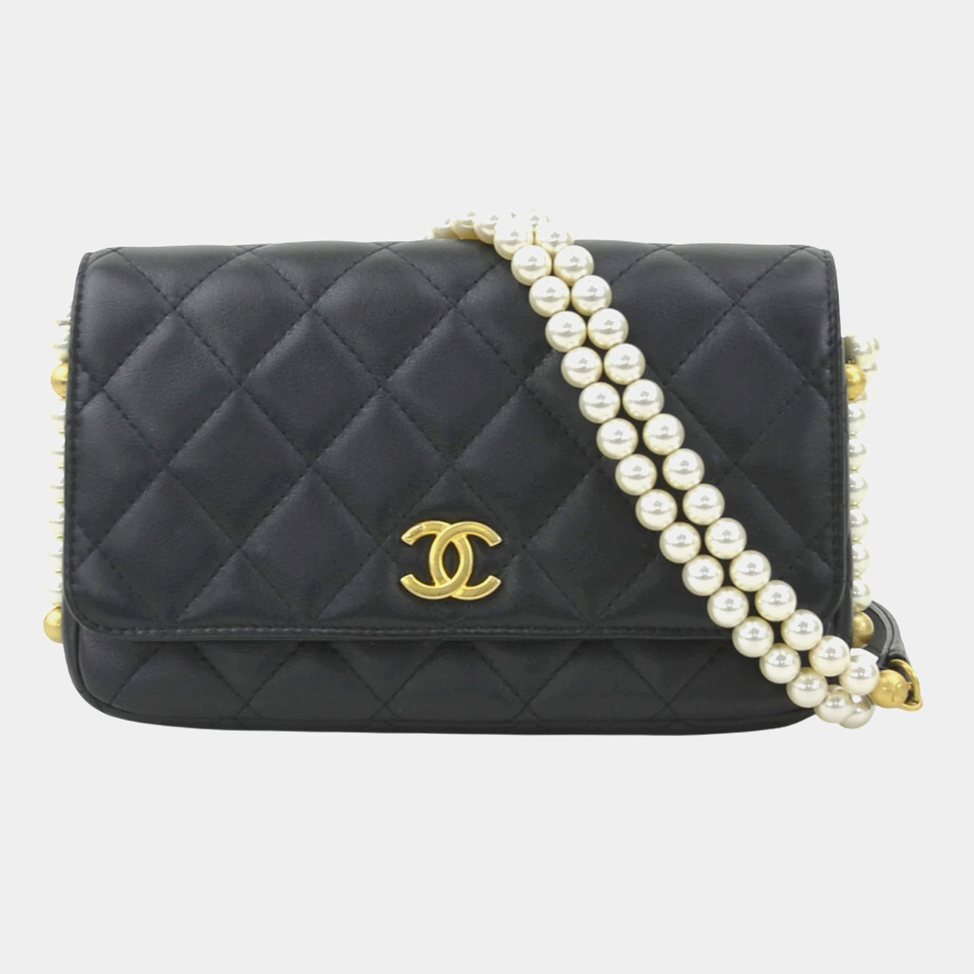 Pre Owned Chanel Classic Black Faux Pearl Wallet on Chain