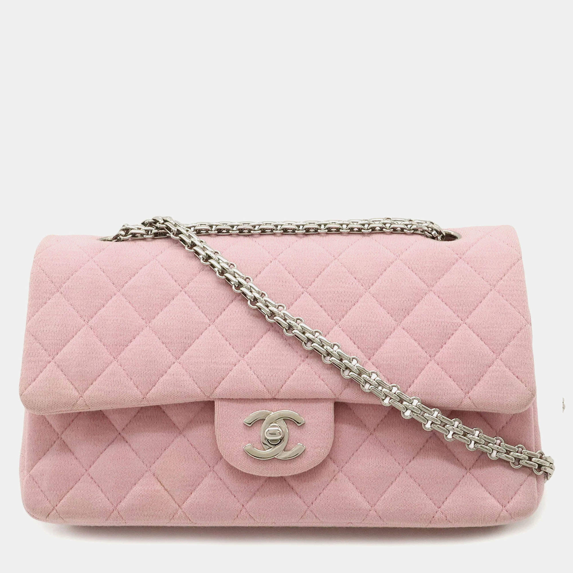 Pre Owned Chanel Double Flap 25 Pink Jersey Chain Shoulder Bag